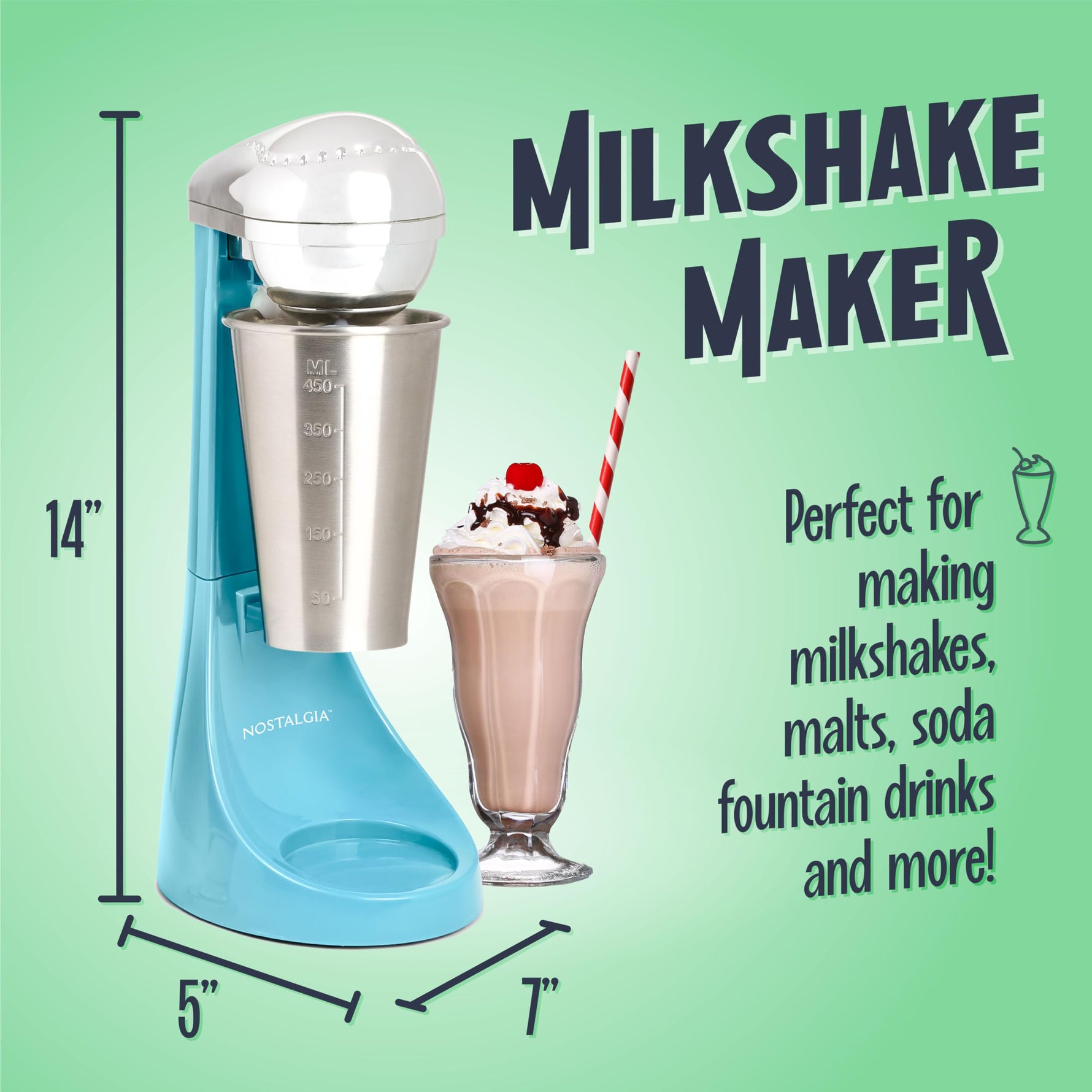 Nostalgia Two-Speed Electric Milkshake Maker and Drink Mixer, Includes 16-Ounce Stainless Steel Mixing Cup & Rod, Jade Green