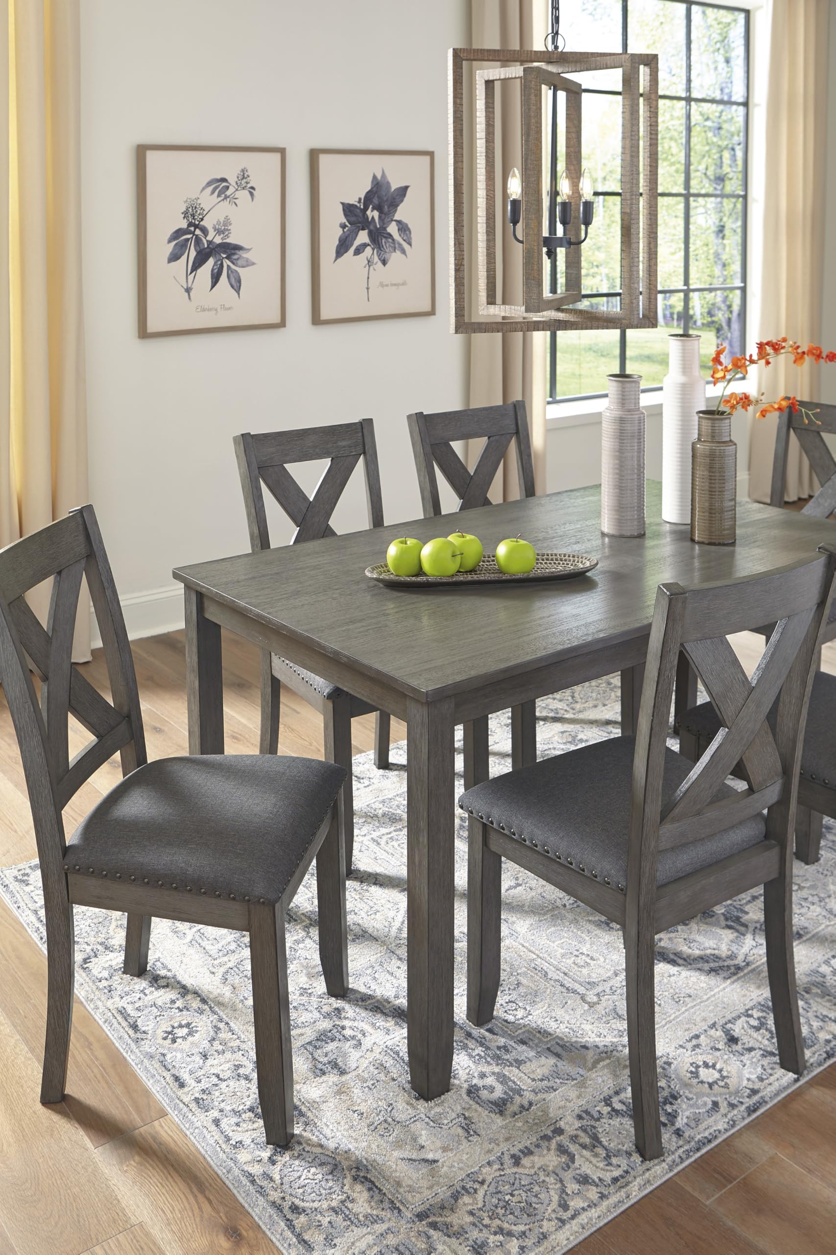 Signature Design by Ashley Caitbrook Rustic 7-Piece Dining Set – Rectangular Table with 6 X-Back Upholstered Chairs, Gray