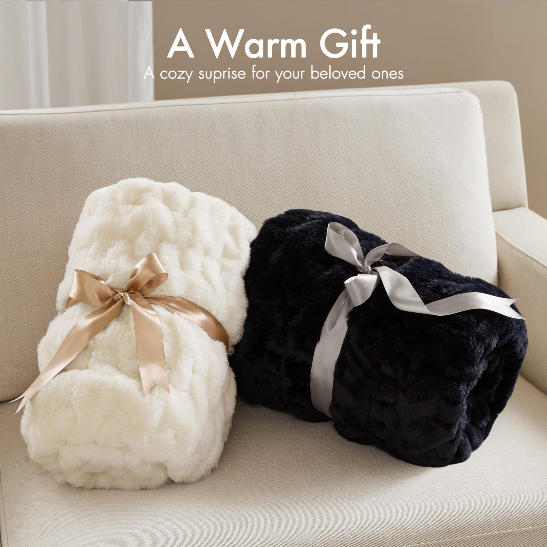Madison Park Ruched Fur Luxury Throw Premium Soft Cozy Brushed Long Faux Fur For Bed, Couch or Sofa , 50x60" , Ivory