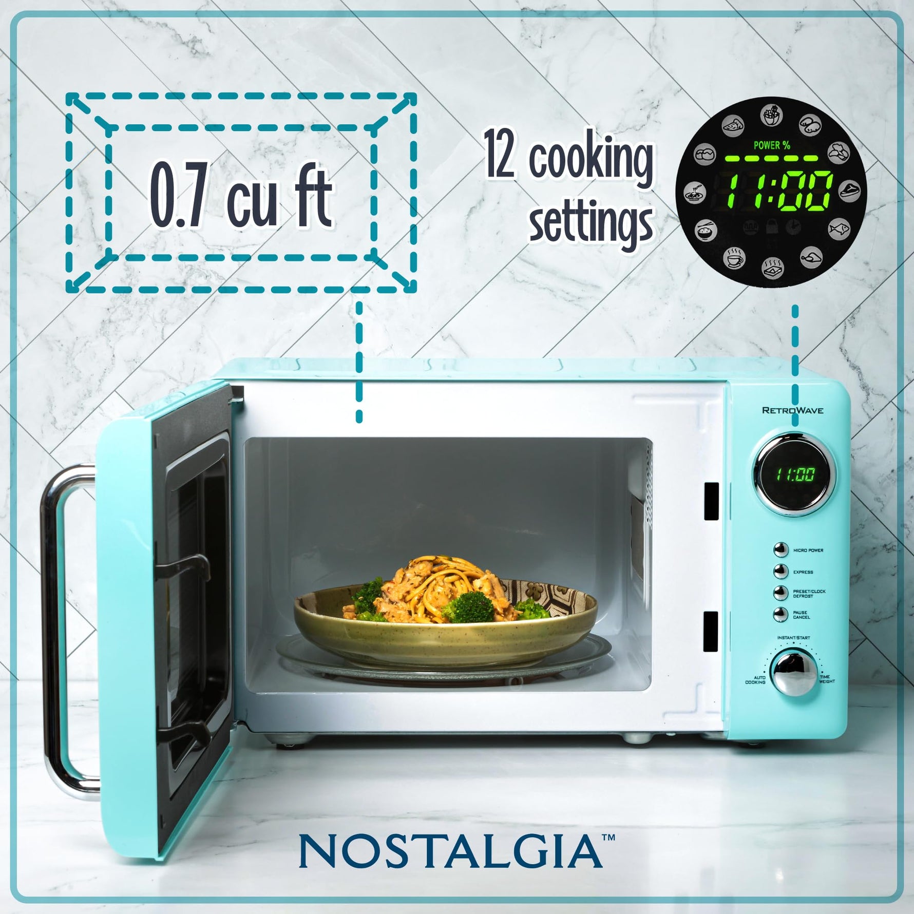Nostalgia Countertop Microwave Oven with Easy Clean Interior - Retro Microwave with LED Display & Child Lock- Compact 0.7 Cu. Ft. Oven With 12 Pre-Programmed Settings for Quick Cooking- 700-Watts-Aqua
