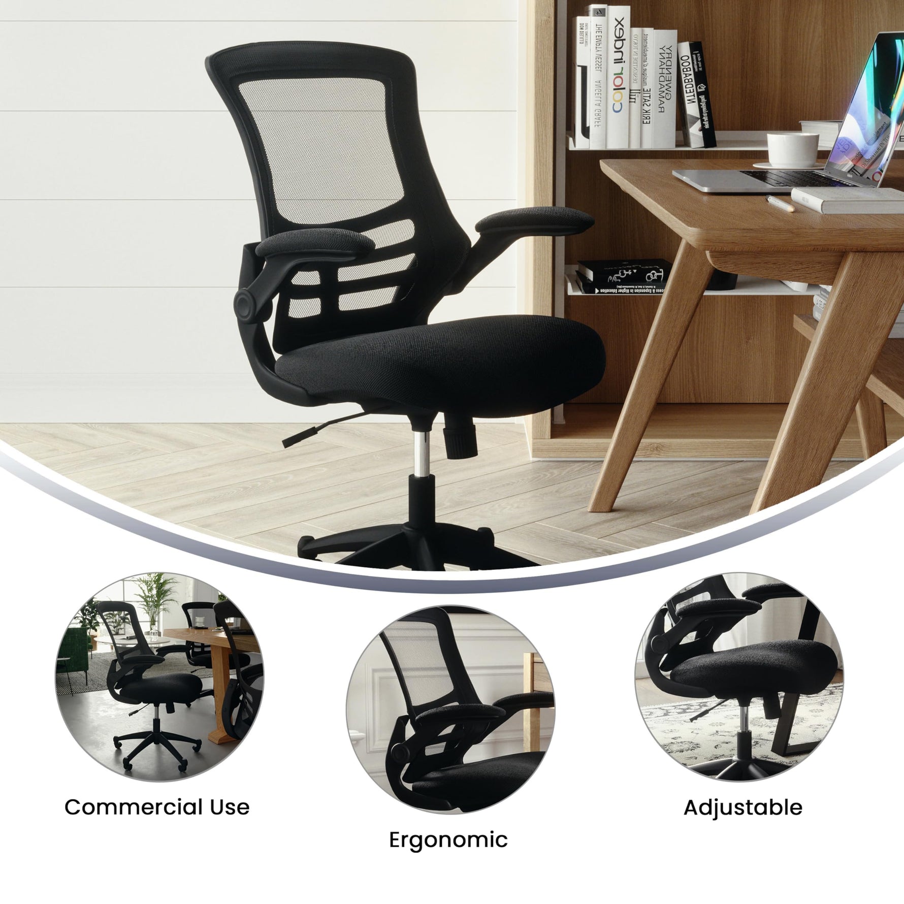 Flash Furniture Kelista Mid-Back Swivel Office Chair with Adjustable Seat Height, Ergonomic Mesh Desk Chair with Flip-Up Armrests, Black