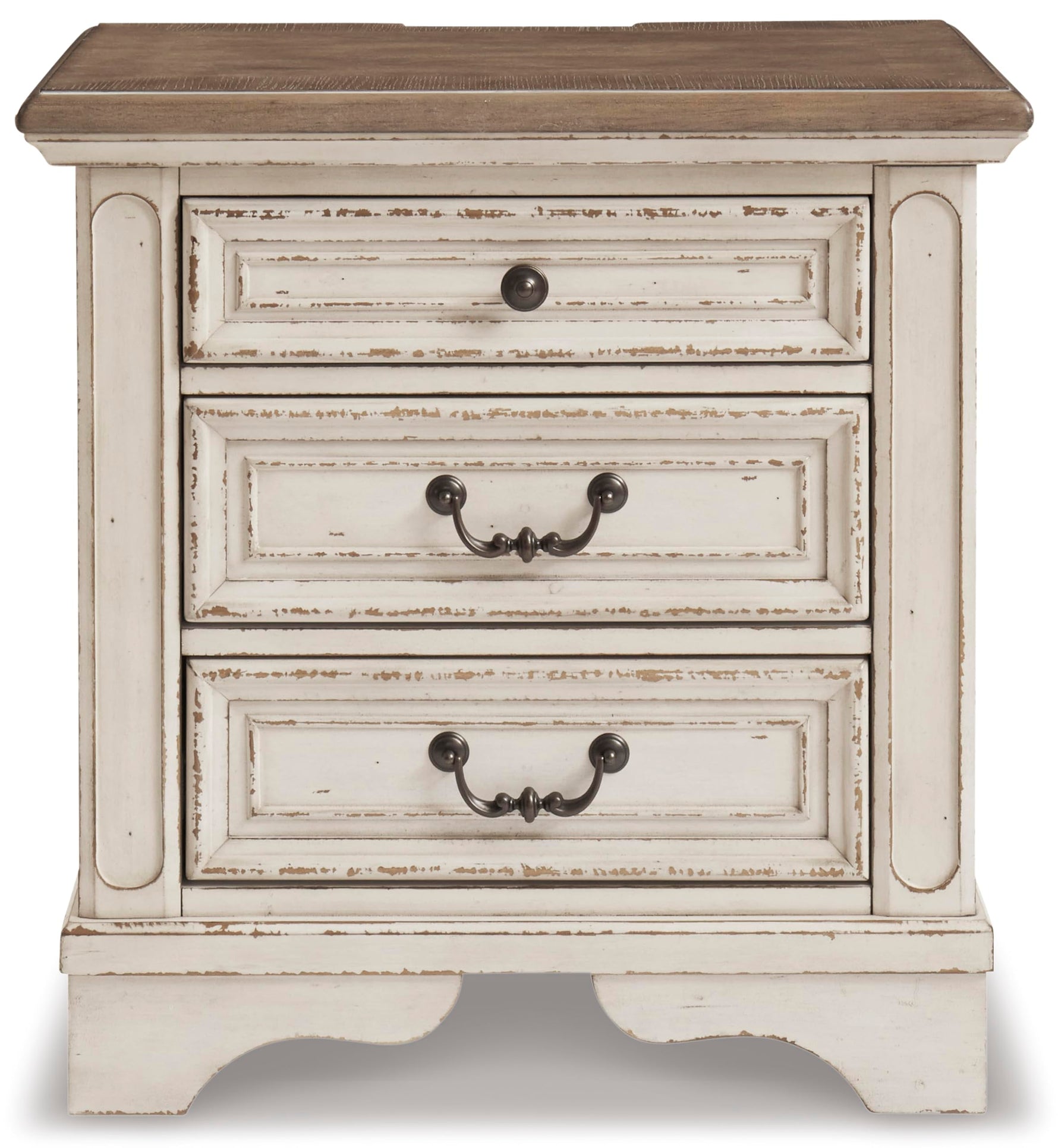 Signature Design by Ashley Realyn Traditional Cottage 1 Drawer Nightstand with Dovetail Construction & Open Display Shelf, Chipped White, 27" Tall, Distressed Brown