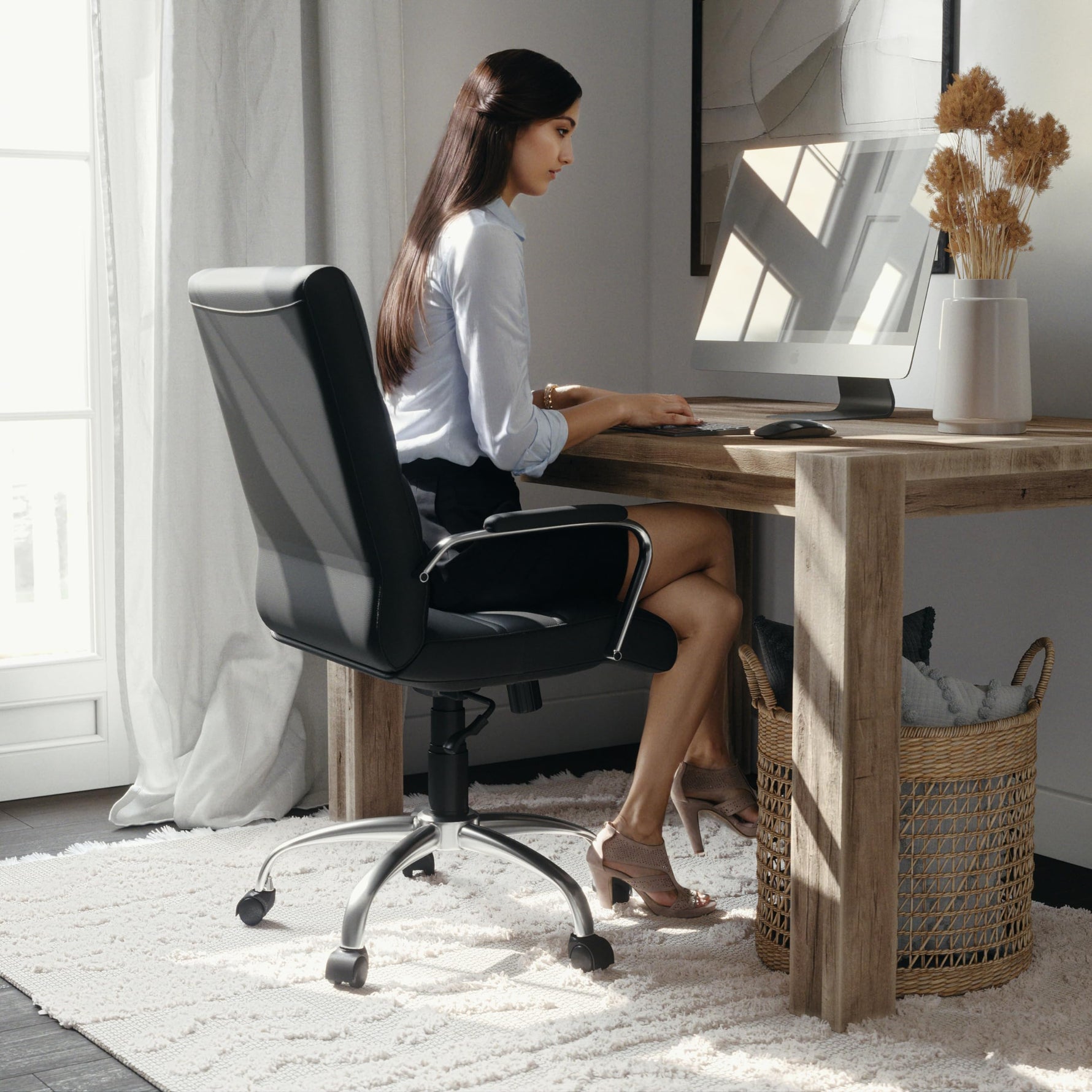 Flash Furniture Whitney Mid-Back Swivel LeatherSoft Desk Chair with Wheels, Padded Seat and Armrests, Adjustable Height Padded Office Chair, Black