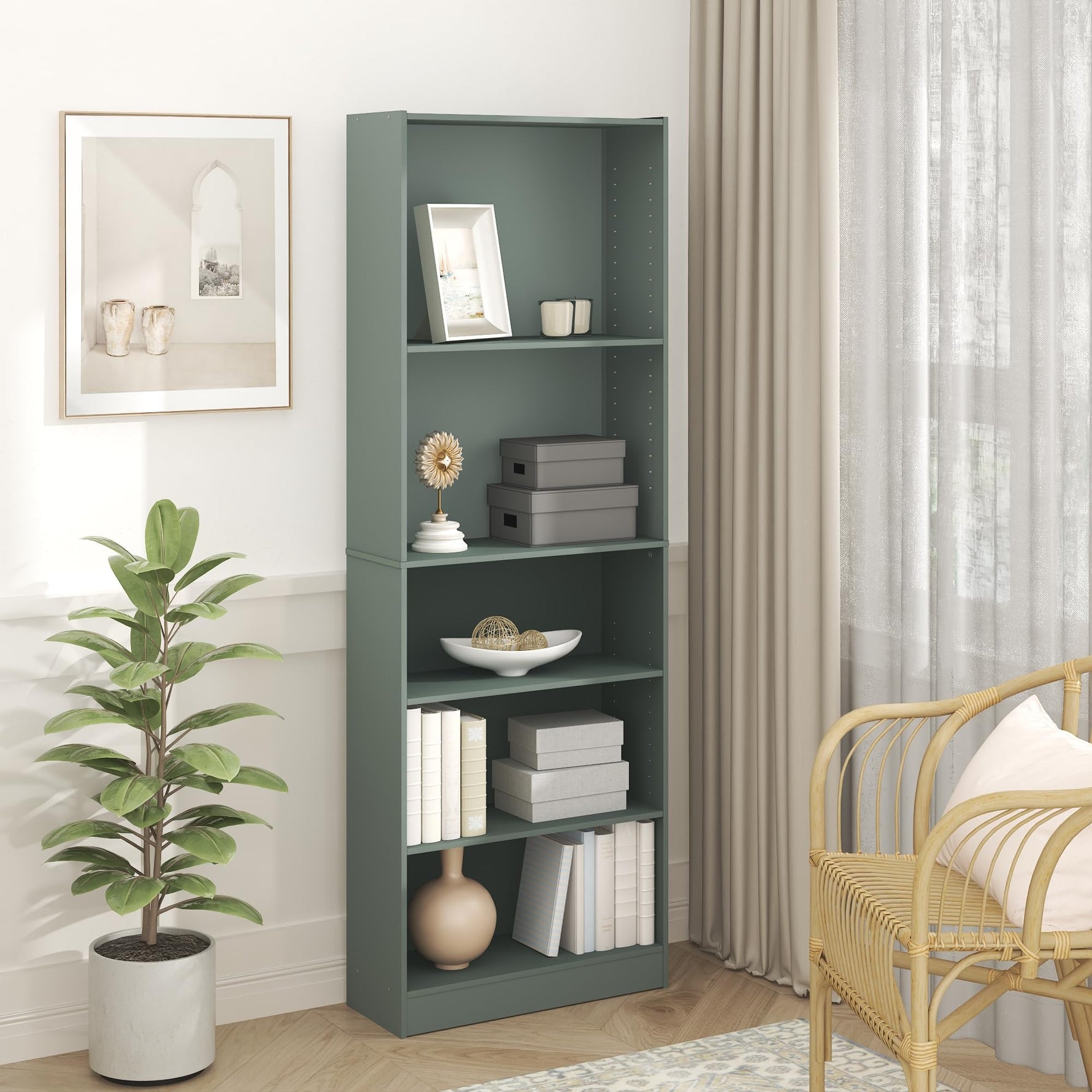 Furinno Jaya Book Shelf, 5-Tier Bookshelf, Bookcase with Adjustable Shelves, 9.5 x 24.5 x 71.2, for Organization and Storage, for Living Room, Bedroom, Home Office, Blackwood