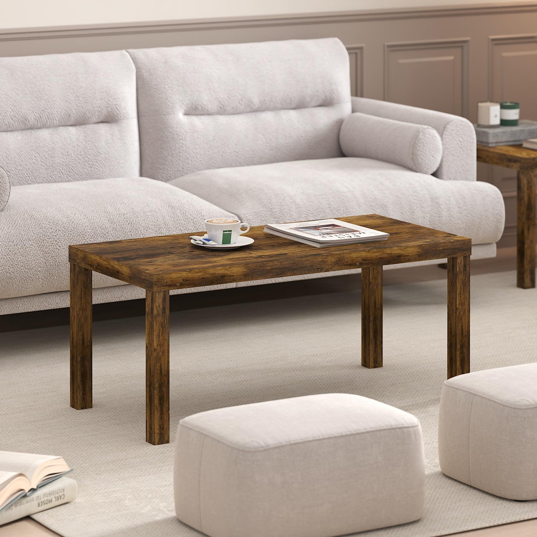 Furinno CLASSIC Coffee Table, Modern Rectangle Coffee Table with 1.8" Triple Thick Tabletop, Side Table, Toolless Assembly, for Living Room, Home Office, Black