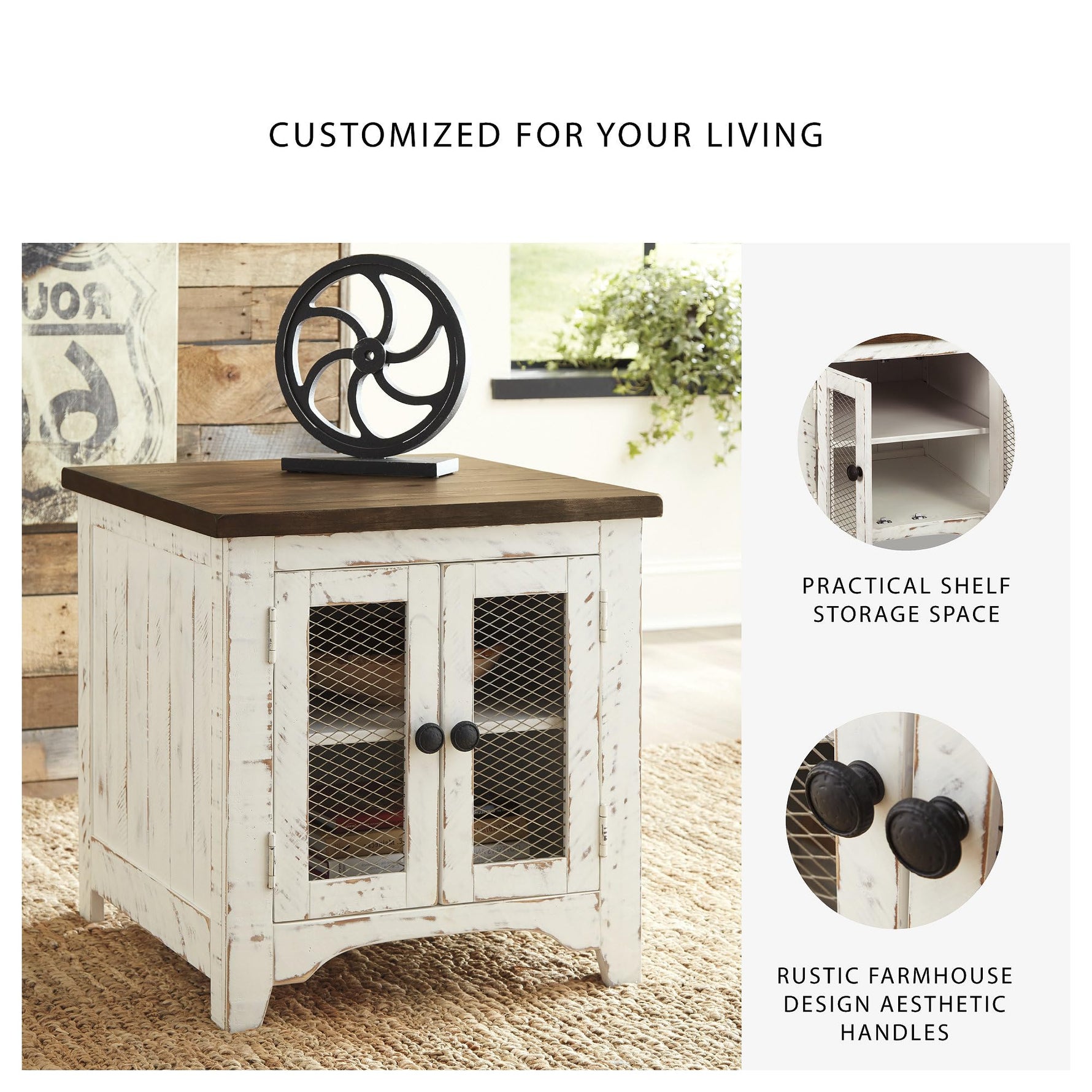 Signature Design by Ashley Wystfield Farmhouse End Table with Storage, Distressed White & Brown Finish