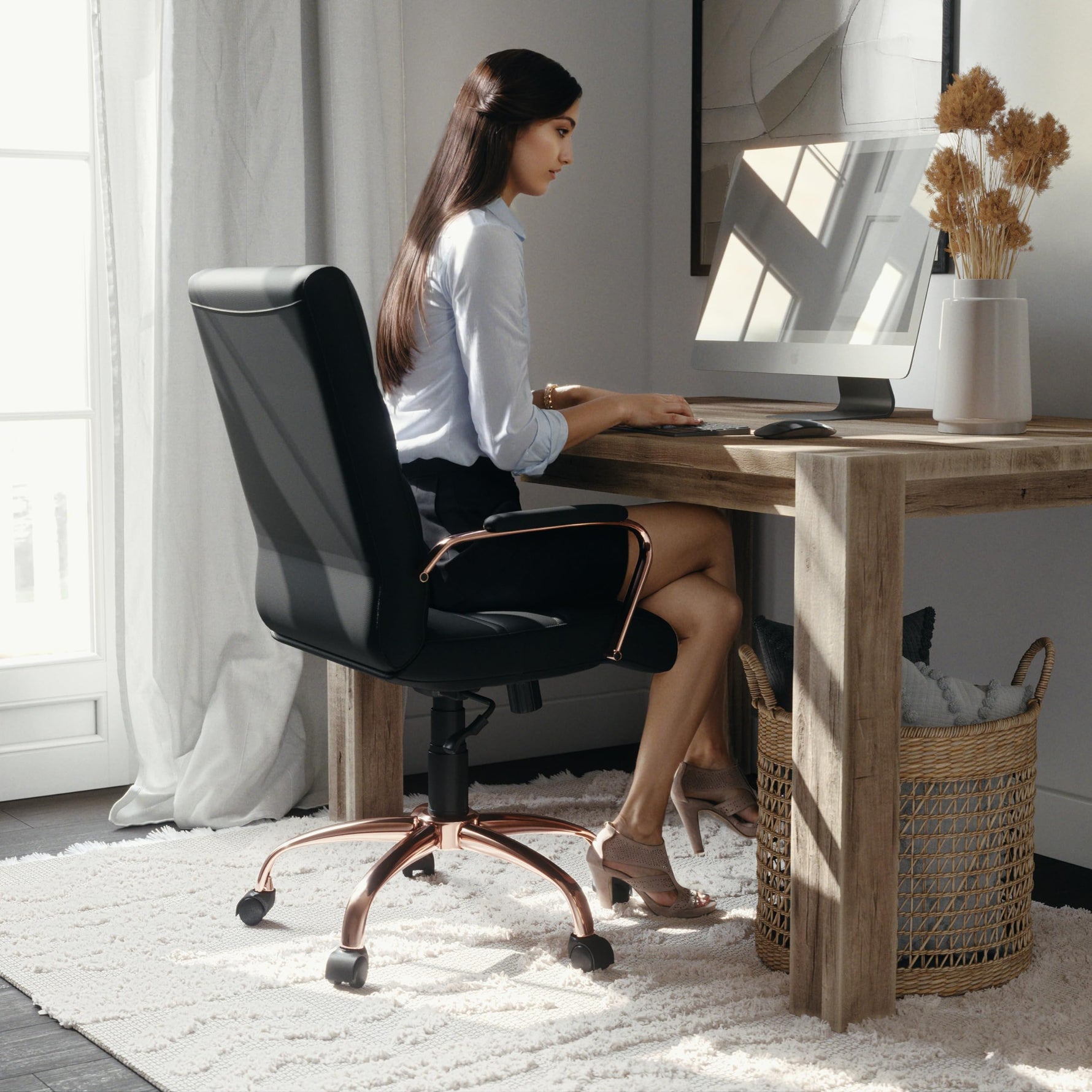 Flash Furniture Whitney Mid-Back Swivel LeatherSoft Desk Chair with Wheels, Padded Seat and Armrests, Adjustable Height Padded Office Chair, Black