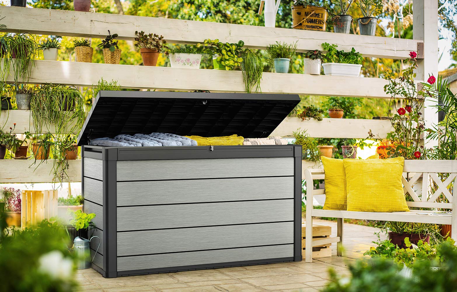 Keter Denali 200 Gallon Resin Large Deck Box with Double Wall 20mm Panels - Paintable and Drillable-Organization and Storage for Patio Furniture and Outdoor Items, Grey & Black