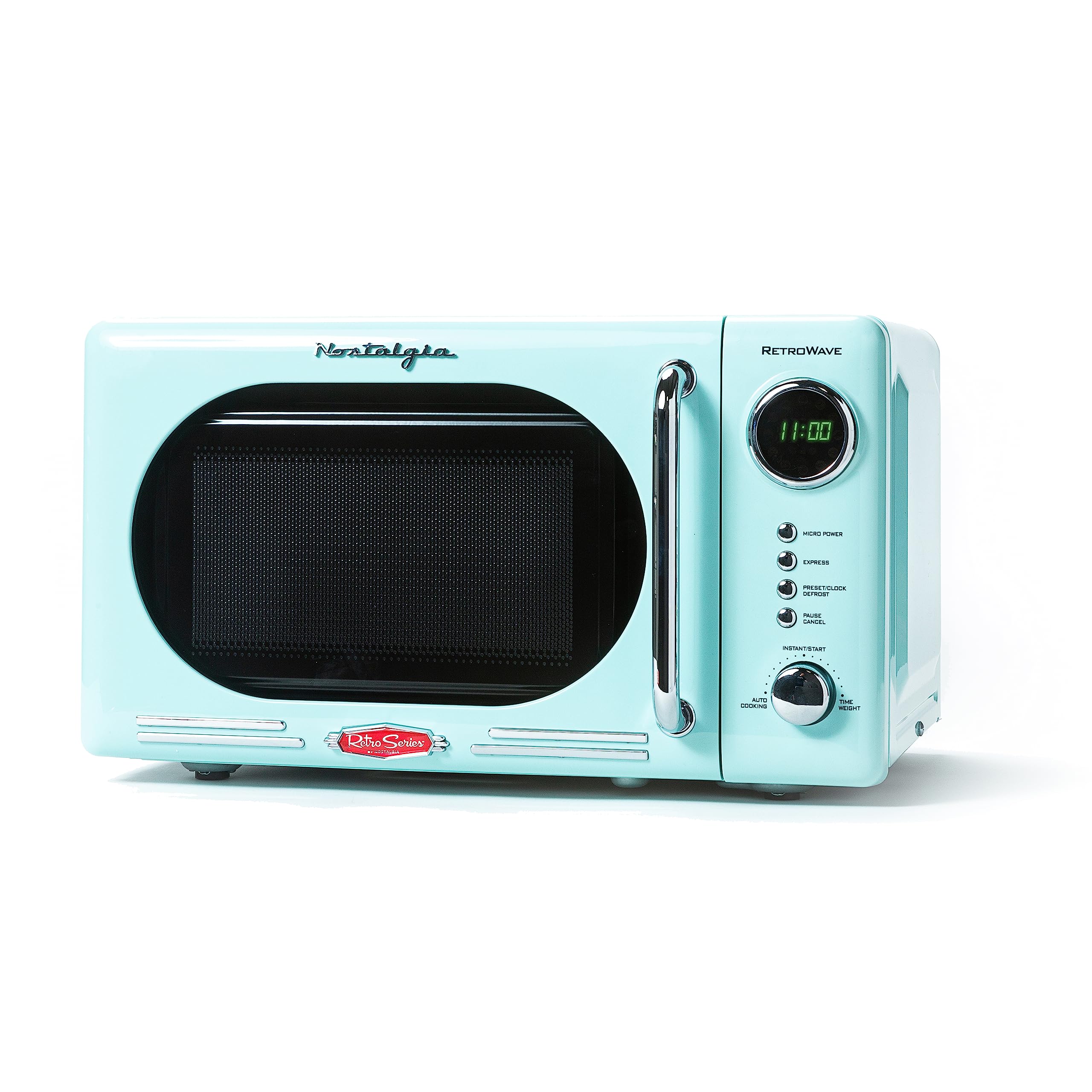 Nostalgia Countertop Microwave Oven with Easy Clean Interior - Retro Microwave with LED Display & Child Lock- Compact 0.7 Cu. Ft. Oven With 12 Pre-Programmed Settings for Quick Cooking- 700-Watts-Aqua