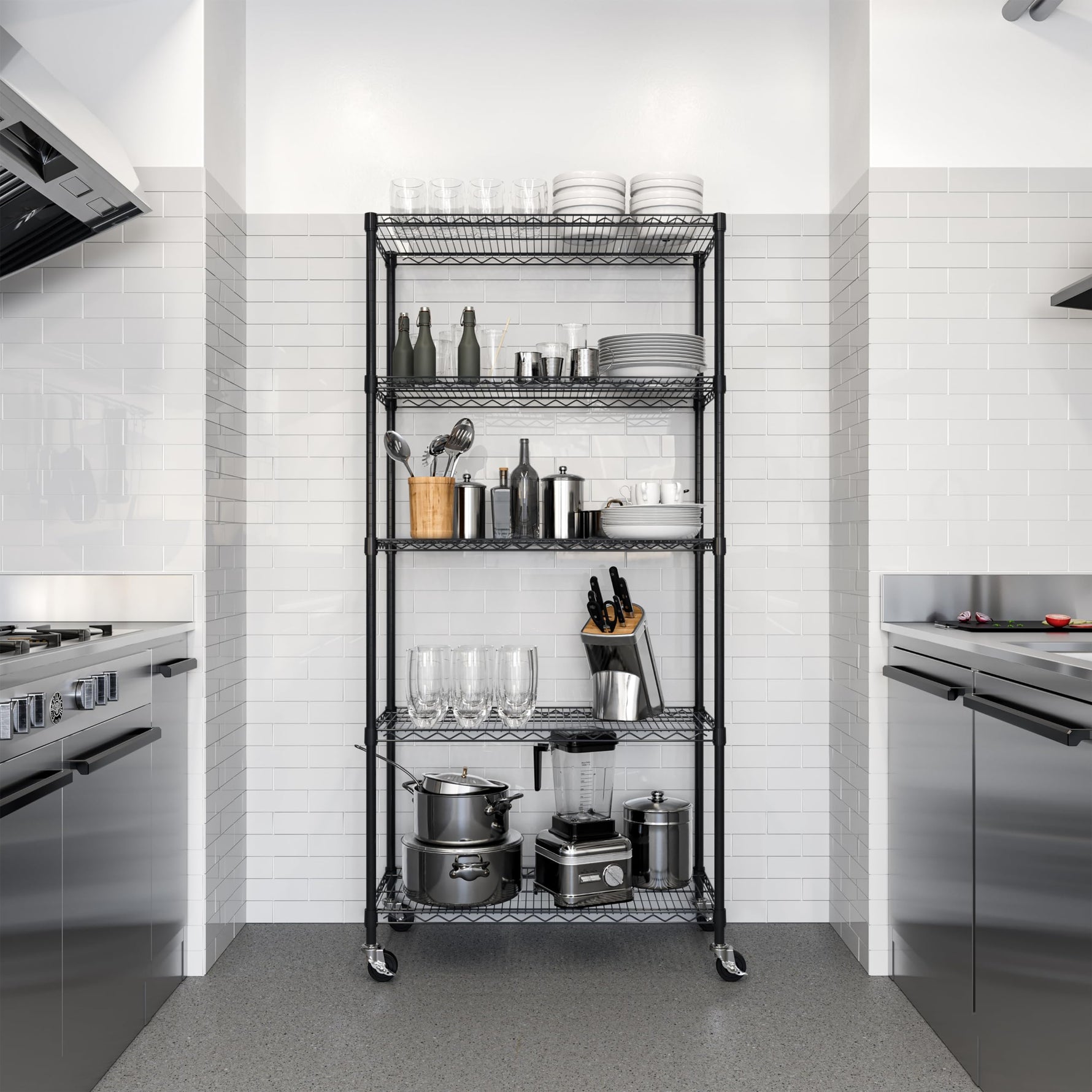 UltraDurable 5-Tier NSF Steel Wire Shelving, 48"W x 24"D x 76"H, Black | Heavy-duty commercial-grade solid steel wire storage rack featuring 800 pounds per shelf weight capacity