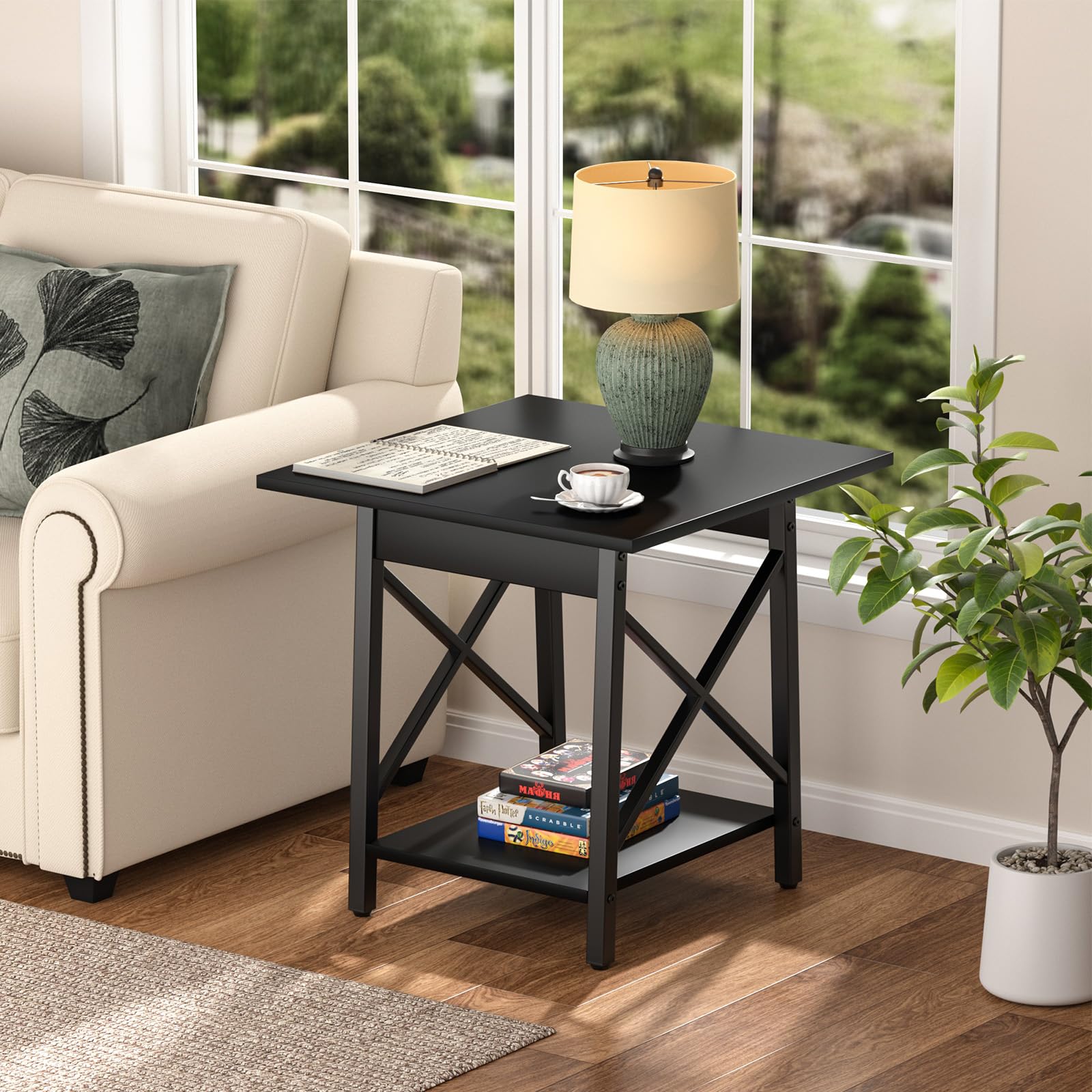 GreenForest End Table 24 inch for Living Room, Large Square Side Tables with X-Frame, Tall Industrial Bedside Nightstand with 2-Tier Storage, Rustic Walnut