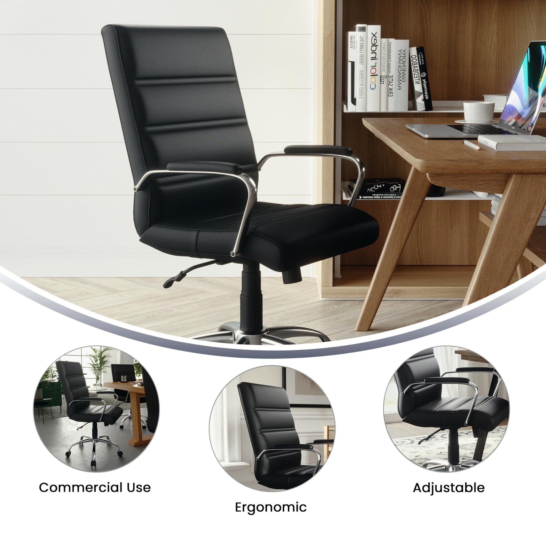 Flash Furniture Whitney Mid-Back Swivel LeatherSoft Desk Chair with Wheels, Padded Seat and Armrests, Adjustable Height Padded Office Chair, Black