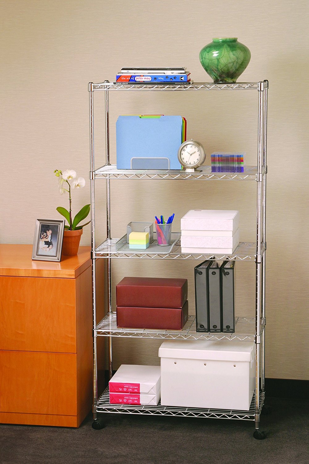 5-Tier Steel Wire Shelving, 30"W x 14"D x 61.5"H | Durable solid steel wire storage rack with adjustable shelves featuring 300 pounds per shelf weight capacity for home use