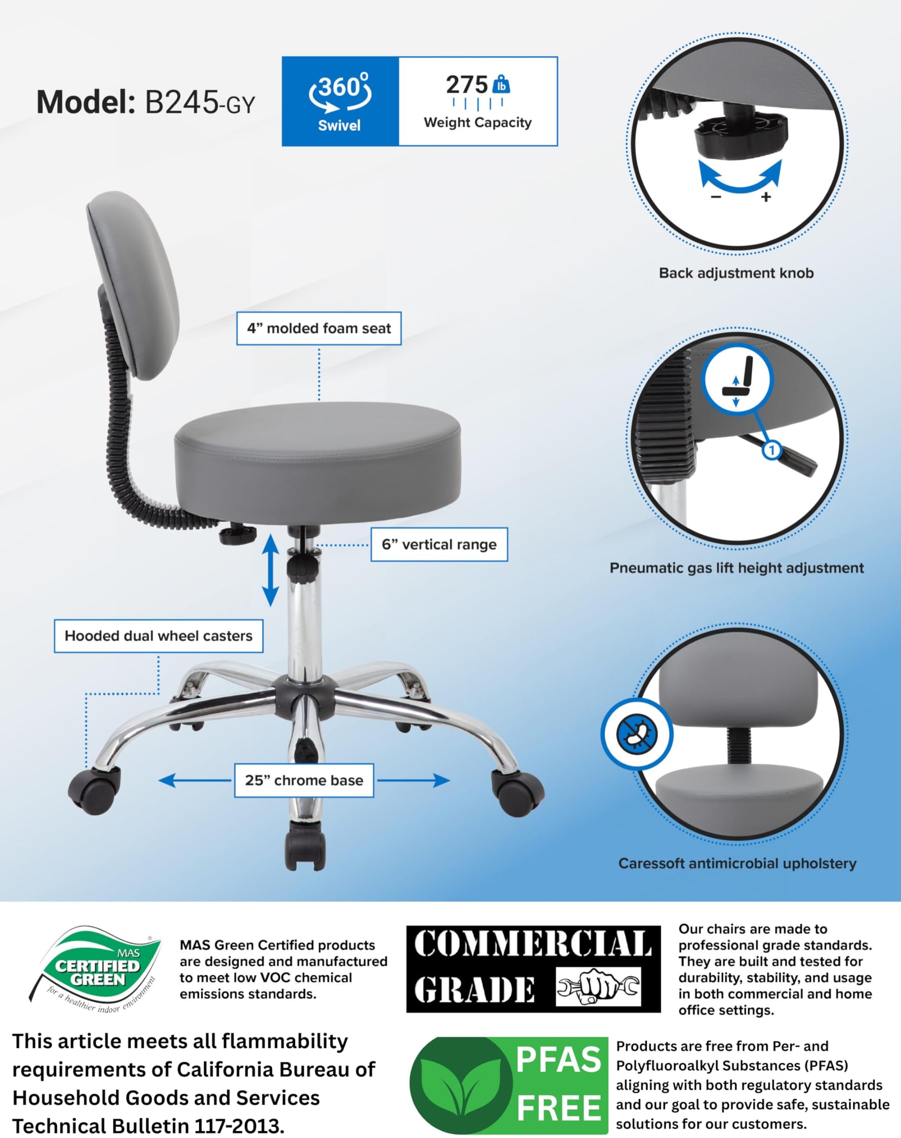 Boss Office Products Antimicrobial Vinyl Medical Spa Stool in Black