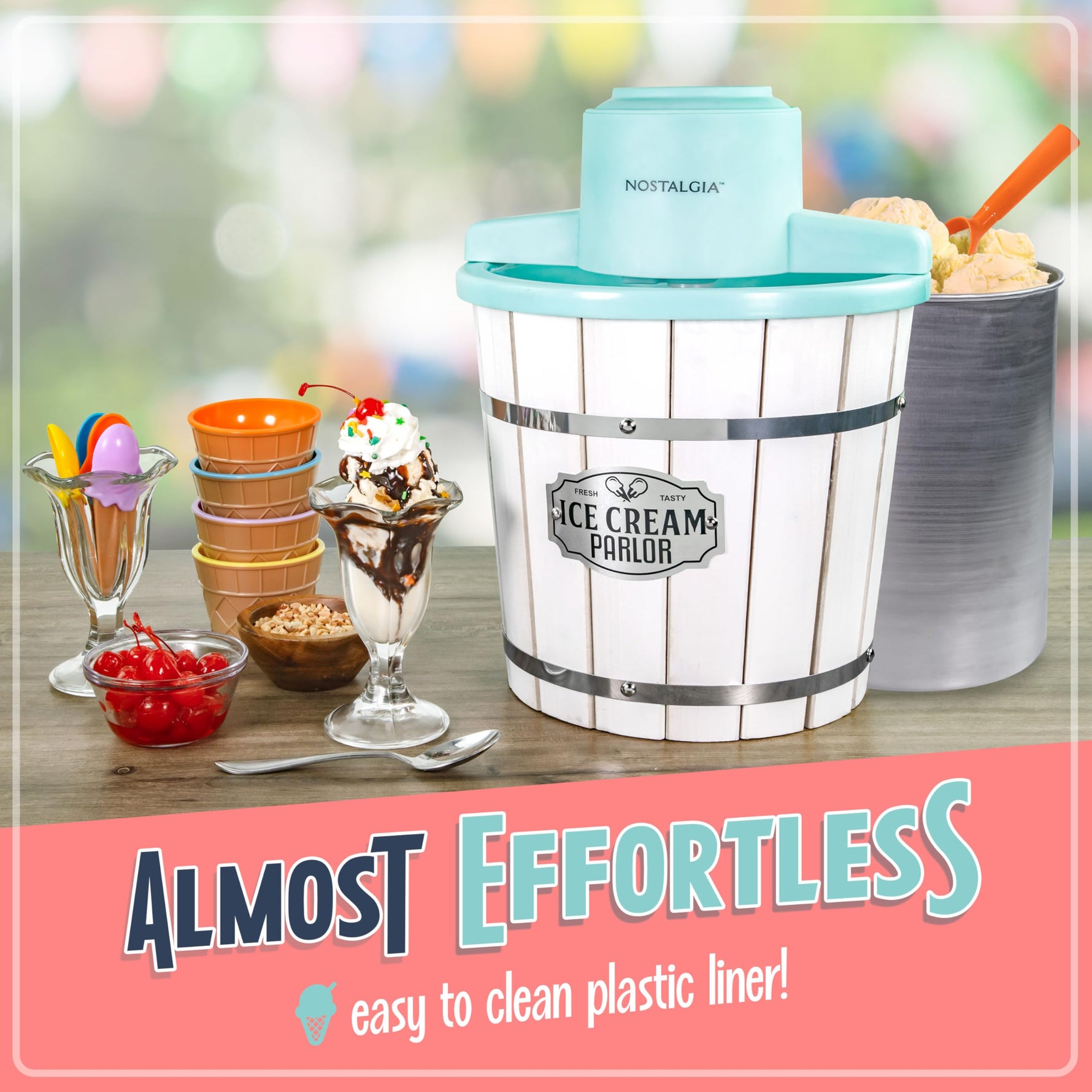 Nostalgia Electric Ice Cream Maker - Old Fashioned Soft Serve Ice Cream Machine Makes Frozen Yogurt or Gelato in Minutes - Fun Kitchen Appliance - Vintage Wooden Style - Dark Wood - 4 Quart
