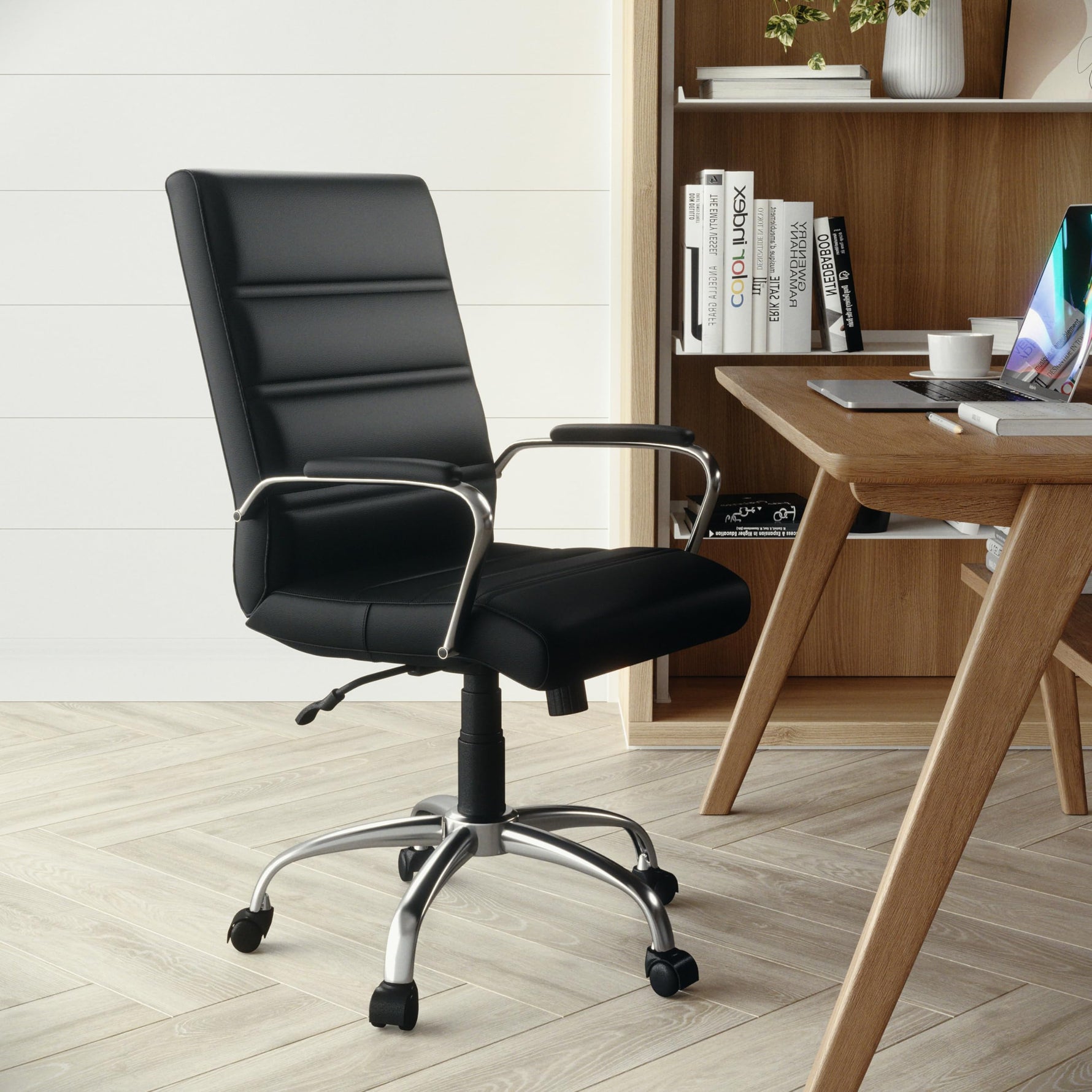 Flash Furniture Whitney Mid-Back Swivel LeatherSoft Desk Chair with Wheels, Padded Seat and Armrests, Adjustable Height Padded Office Chair, Black