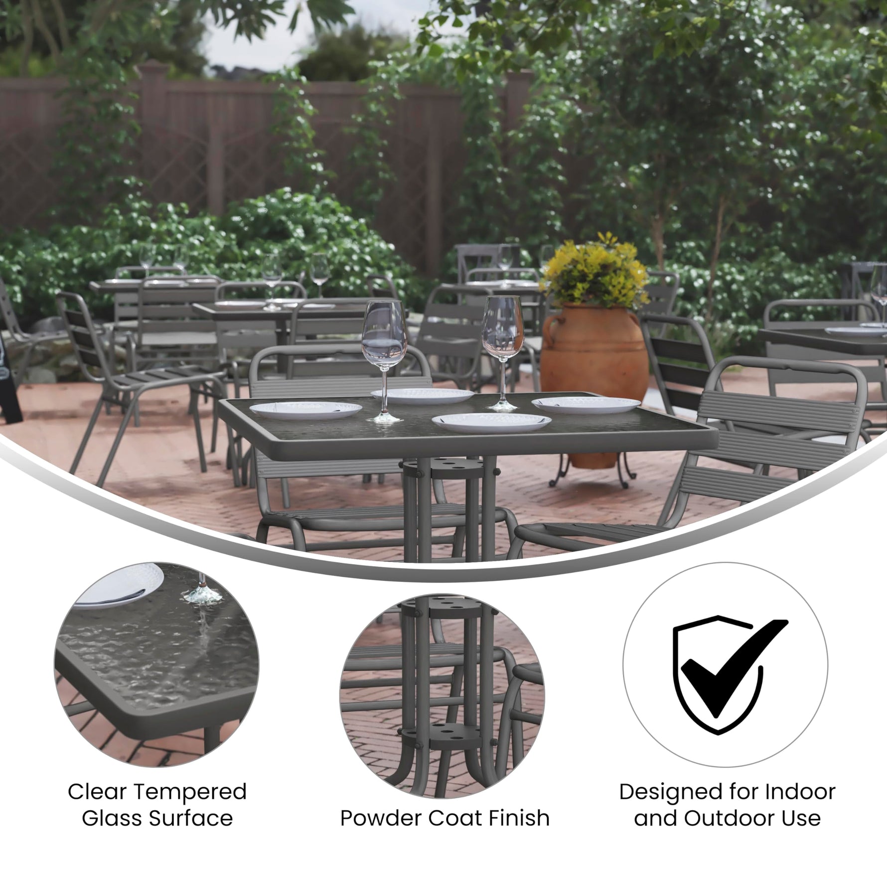 Flash Furniture Barker 23.5" Square Indoor/Outdoor Tempered Glass Patio Side Table, Outdoor Patio Table for Commercial or Residential Use, Clear/Black