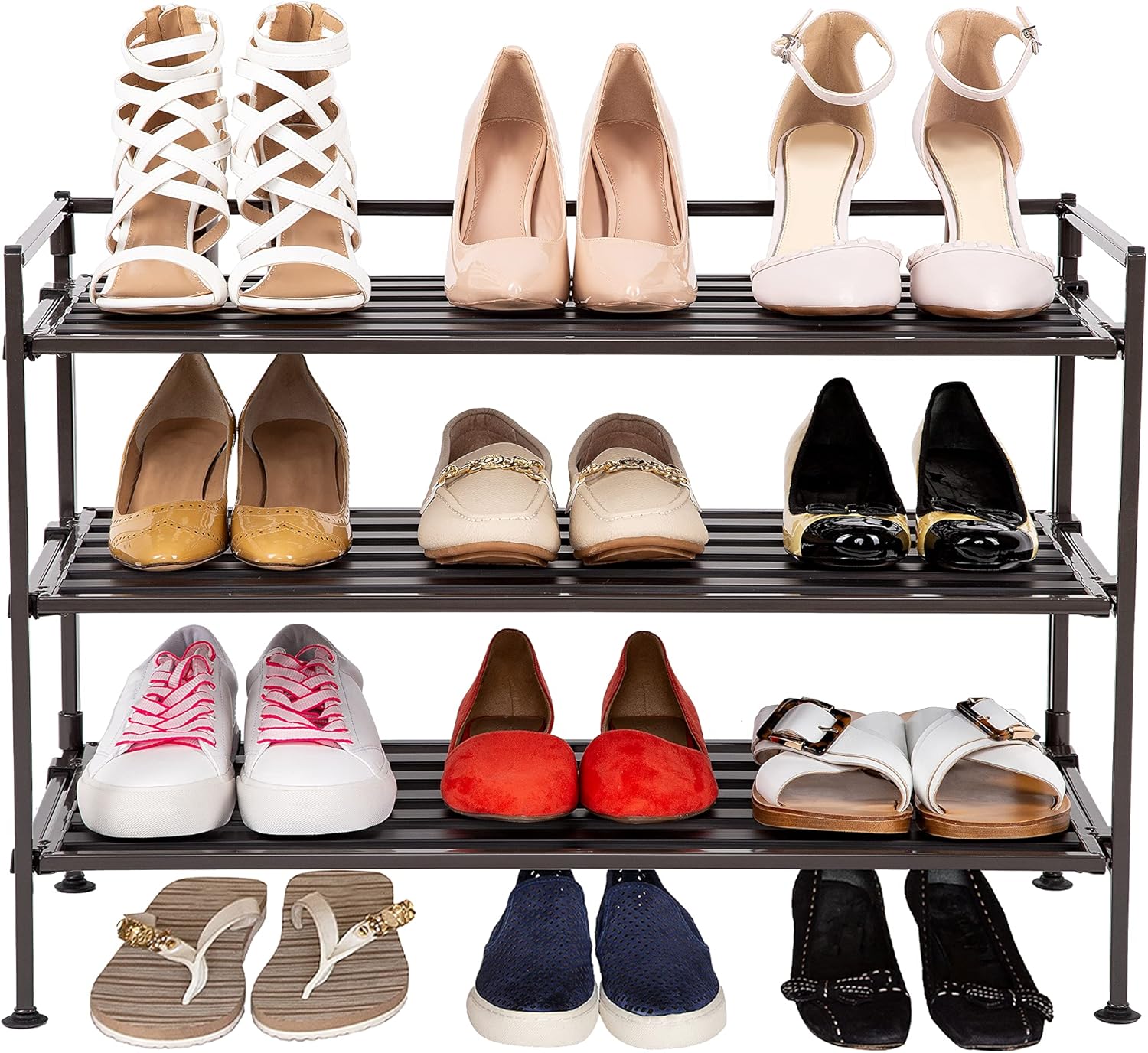 3-Tier Stackable 1" Slat Steel Frame Shoe Rack, 27.25"W x 12.75"D, Espresso | Interlocking modular design maximizes storage while the sturdy steel frame holds up to 12 pairs of shoes (Patented Design)