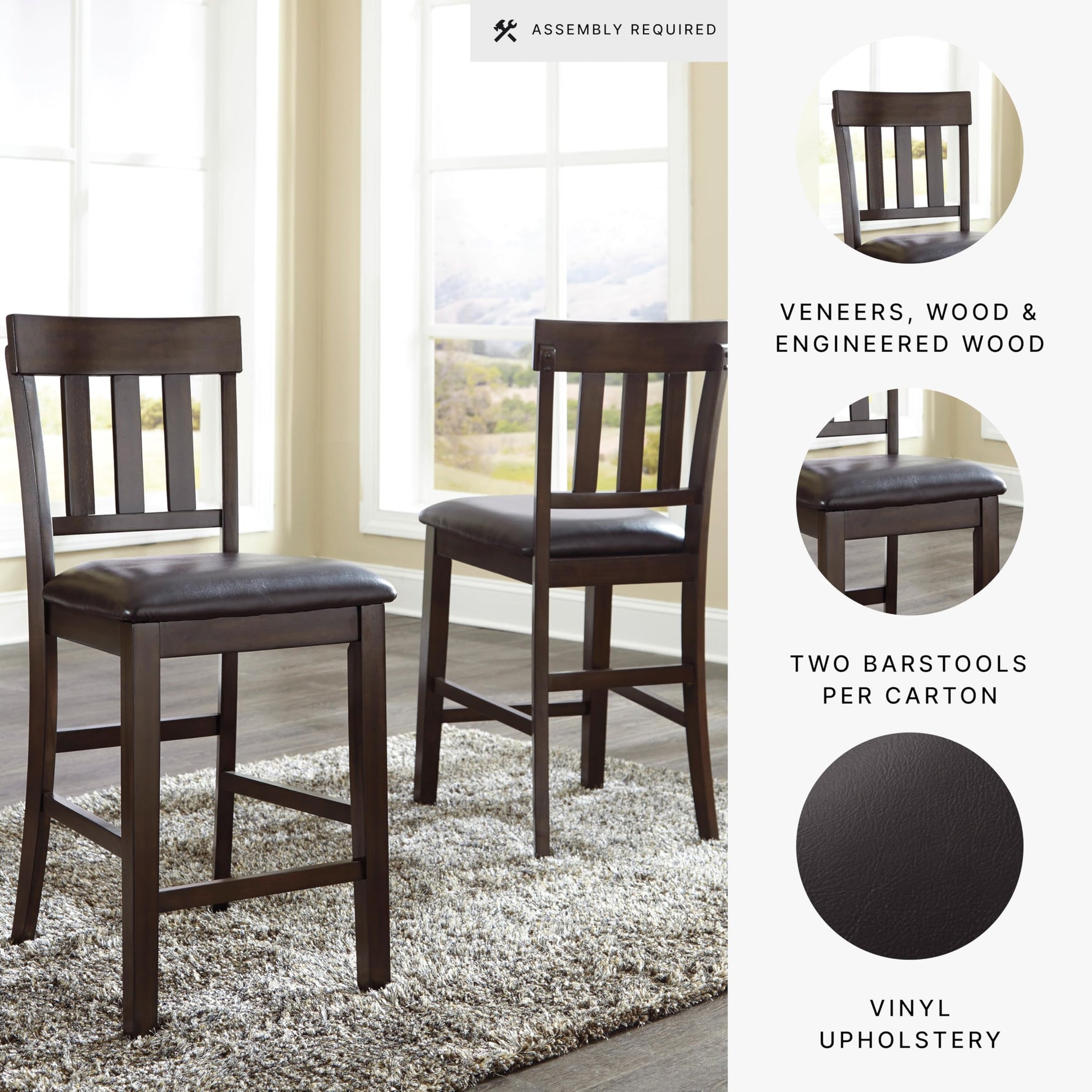 Signature Design by Ashley Haddigan Upholstered Barstool, 2 Count, Slat Back Design, Cushioned Seat, Wood, 25.5" H, Dark Brown