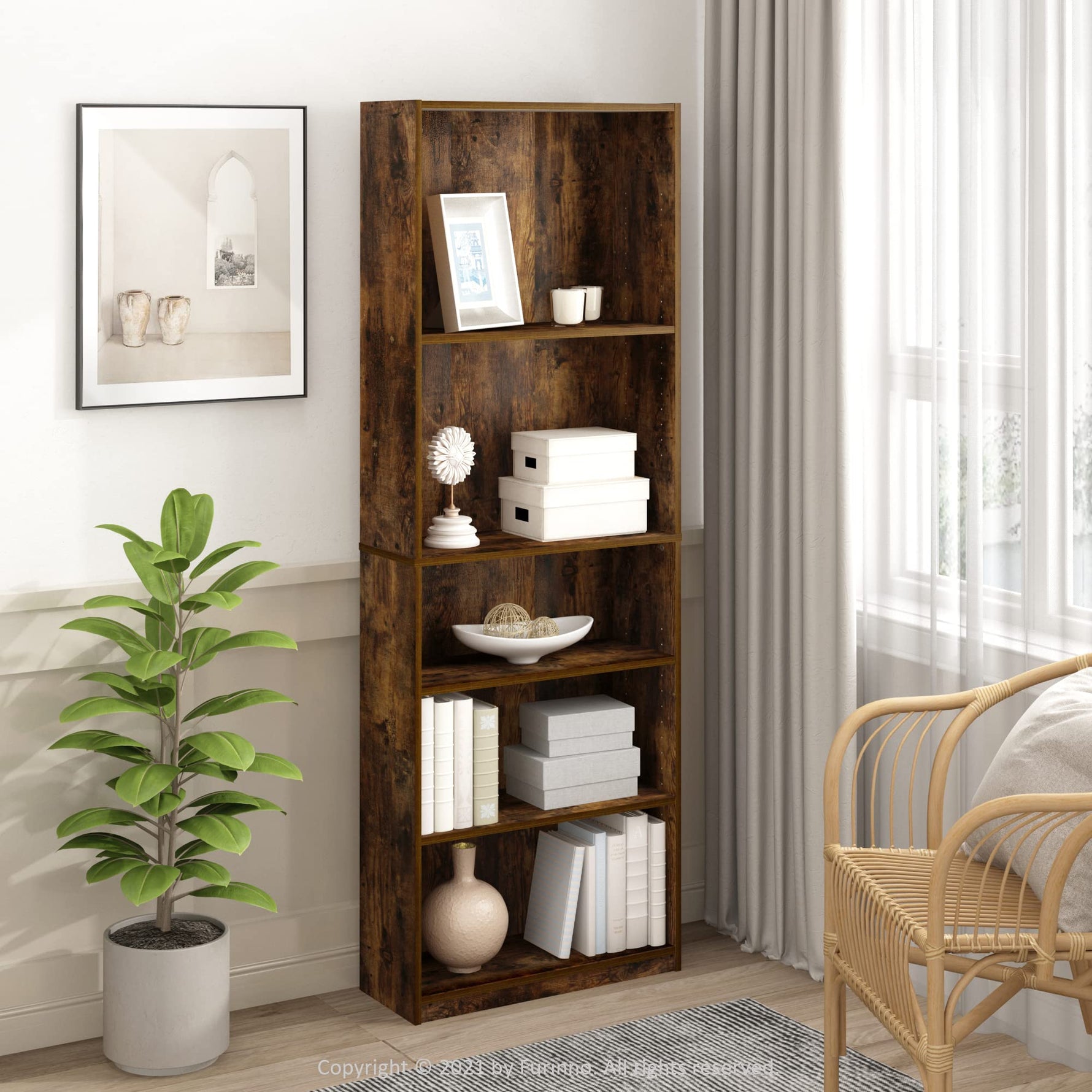 Furinno Jaya Book Shelf, 5-Tier Bookshelf, Bookcase with Adjustable Shelves, 9.5 x 24.5 x 71.2, for Organization and Storage, for Living Room, Bedroom, Home Office, Blackwood