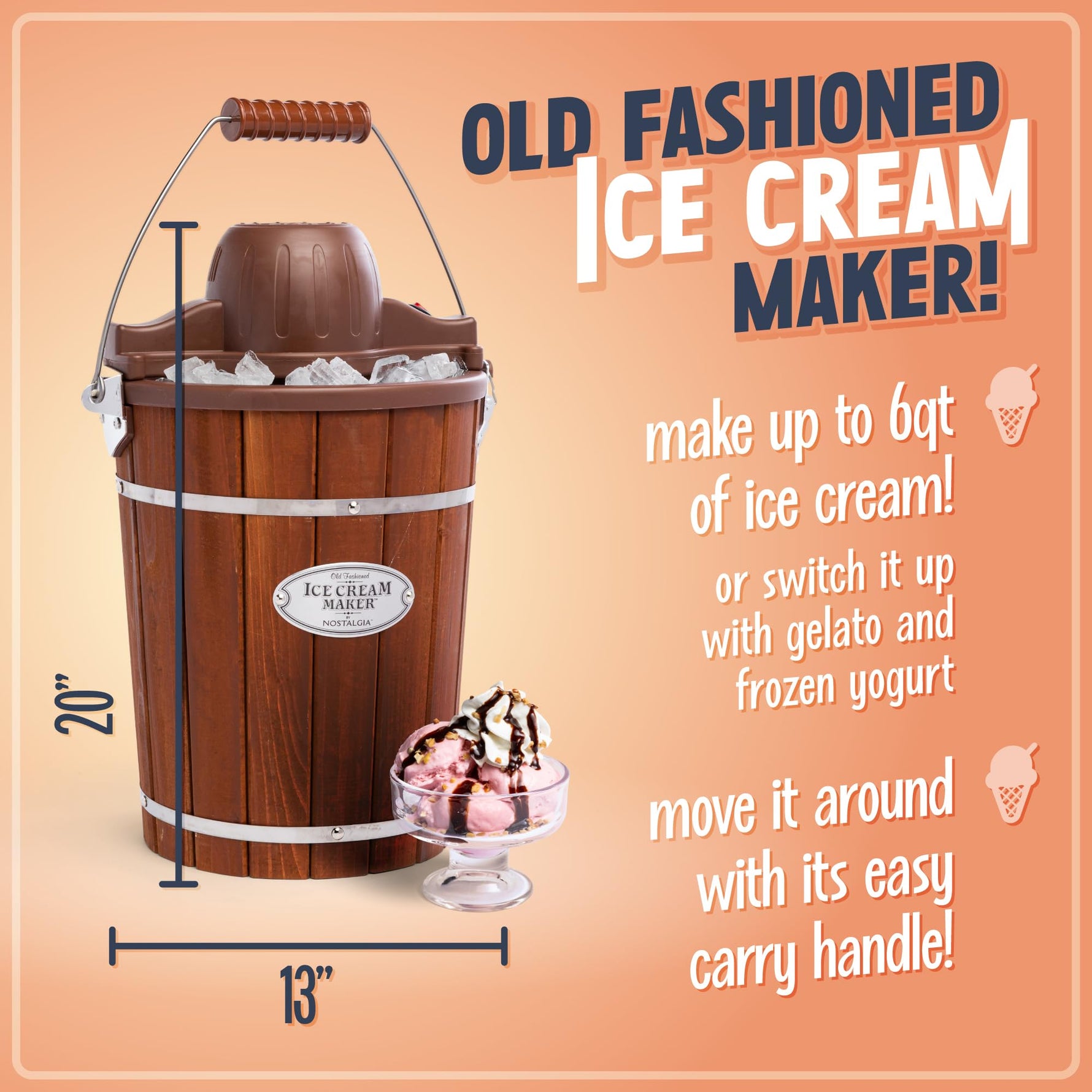Nostalgia Electric Ice Cream Maker - Old Fashioned Soft Serve Ice Cream Machine Makes Frozen Yogurt or Gelato in Minutes - Fun Kitchen Appliance - Vintage Wooden Style - Dark Wood - 4 Quart