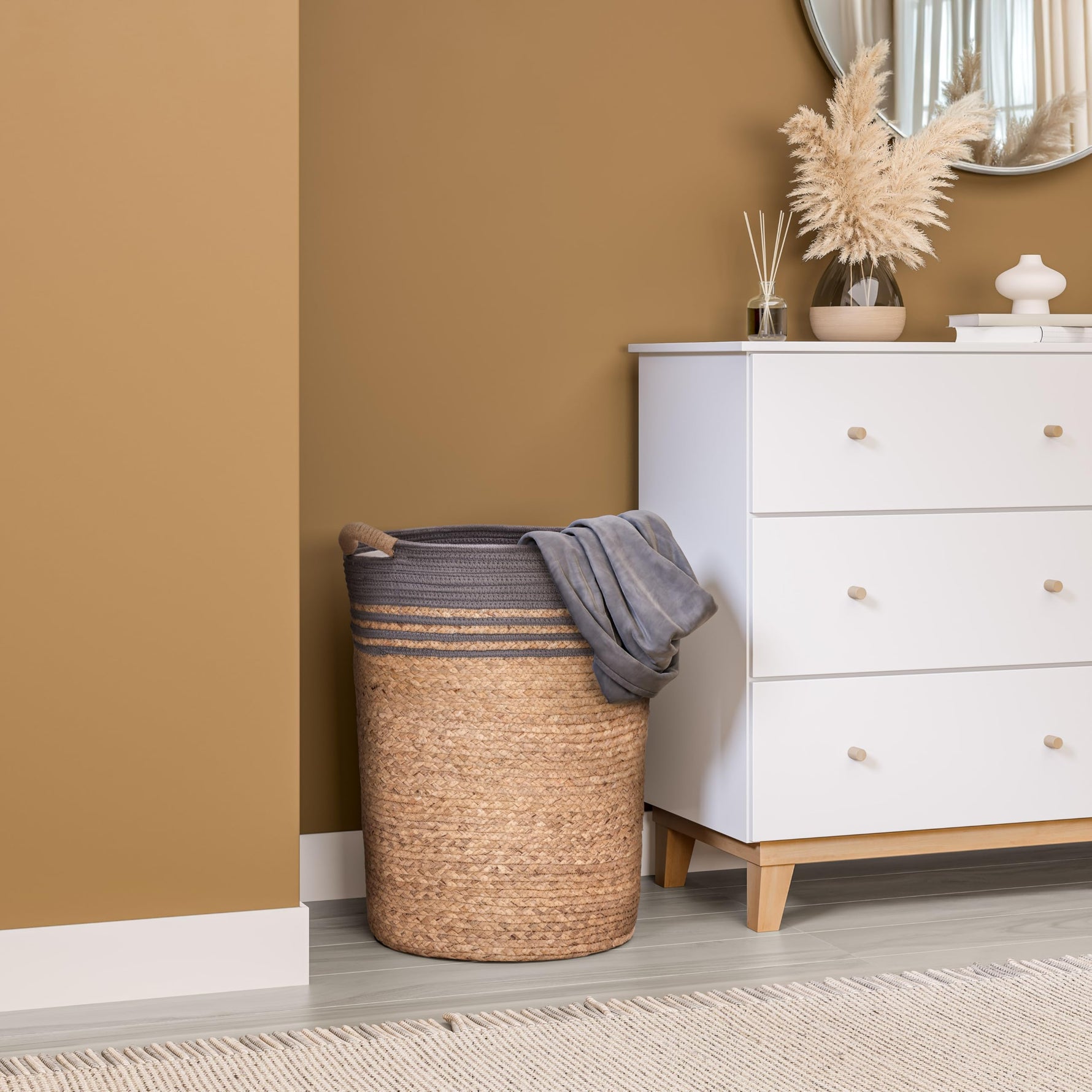 Seville Classics Premium Natural Handwoven Portable Laundry Bin Basket with Carrying Handles, Household Storage for Clothes, Linens, Sheets, Natural Water Hyacinth and Gray Rope, 3 Piece Set