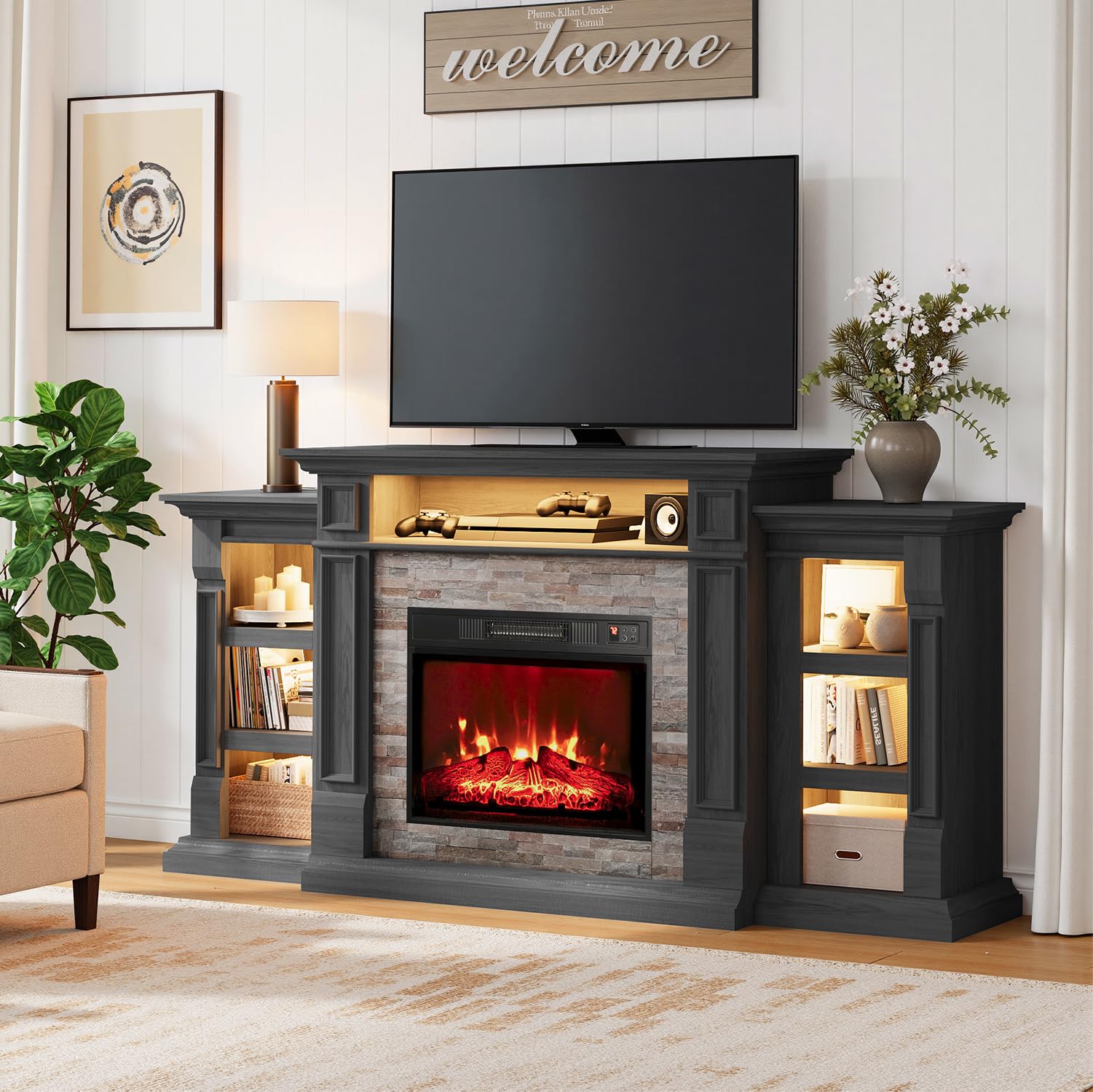 Naice 72" Electric Fireplace with Mantel and Cabinets, Fireplace TV Stand for Living Room Bedroom, Stacked Stone Surround and Remote Control 3D Realistic Flame, Black
