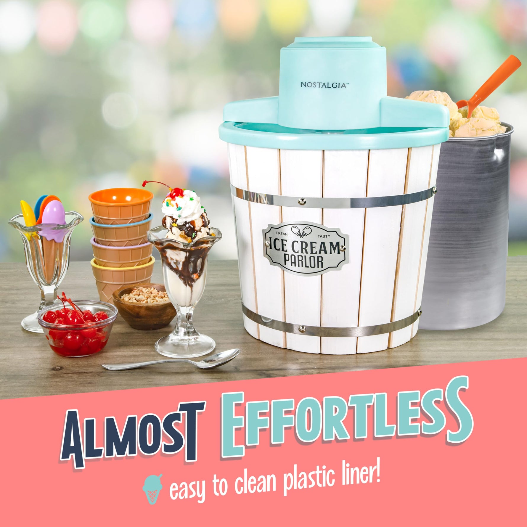 Nostalgia Electric Ice Cream Maker - Old Fashioned Soft Serve Ice Cream Machine Makes Frozen Yogurt or Gelato in Minutes - Fun Kitchen Appliance - Vintage Wooden Style - Dark Wood - 4 Quart