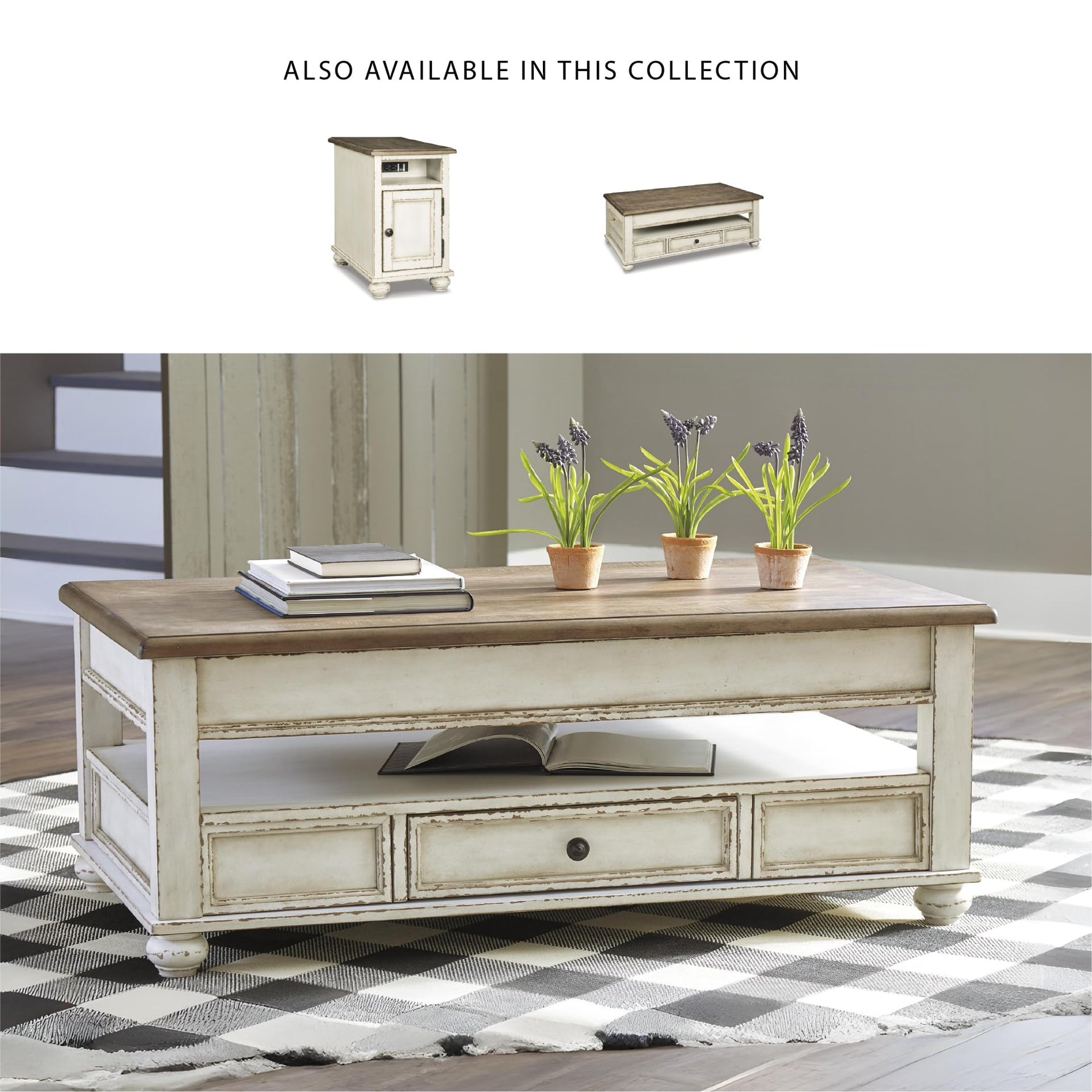Signature Design by Ashley Realyn Vintage Farmhouse Rectangular Lift Top Coffee Table with Storage Drawer, White & Brown