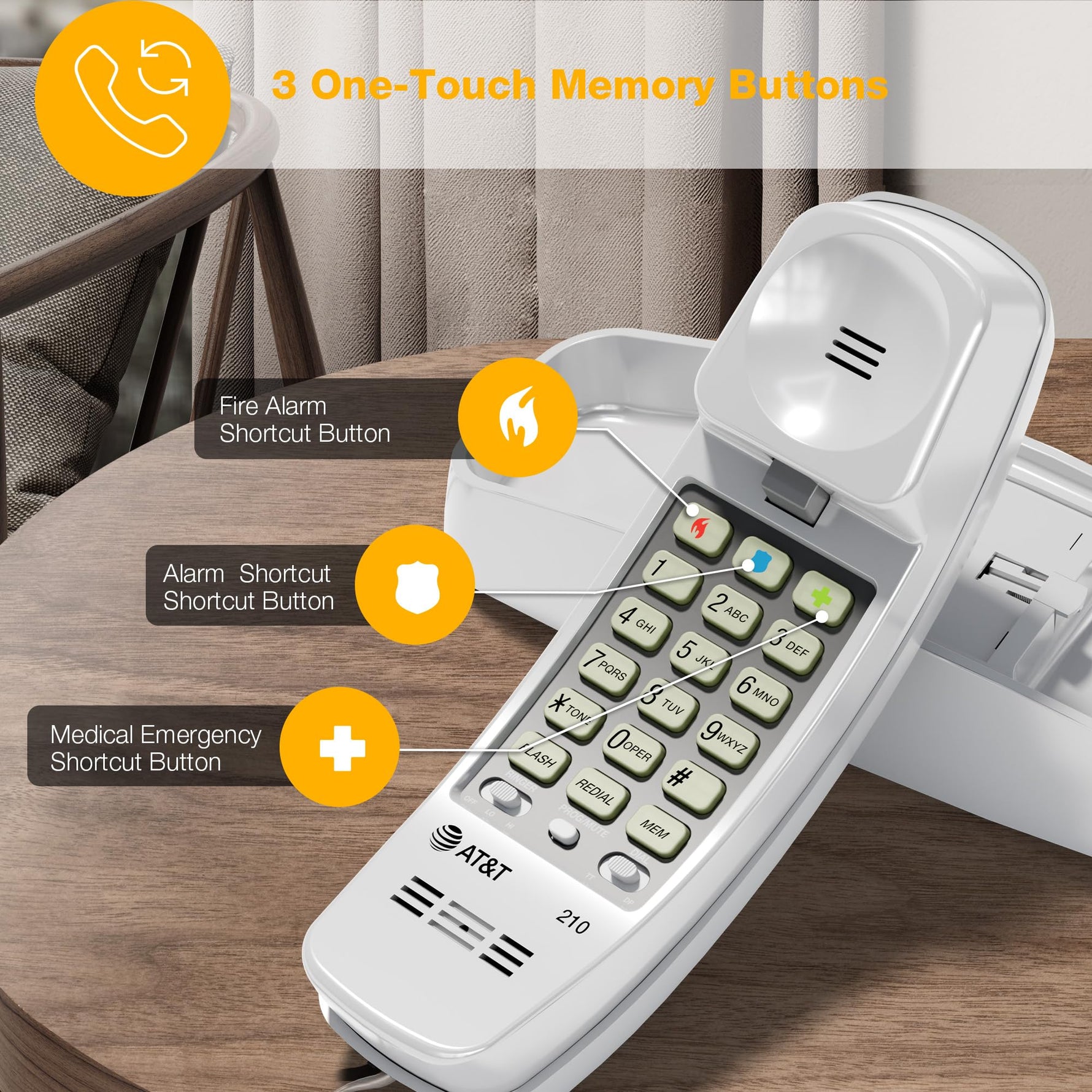 AT&T 210 Basic Trimline Corded Phone, No AC Power Required, Wall-Mountable, White