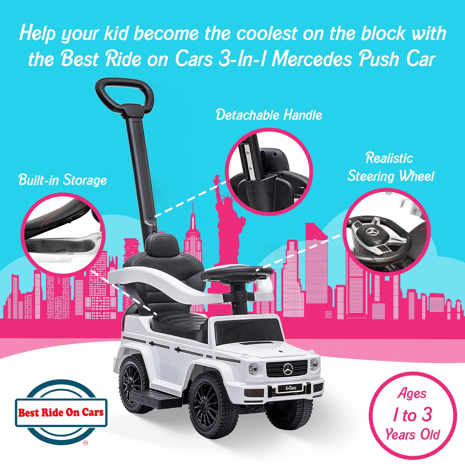 Best Ride On Cars Kids Outdoor Stroller Mercedes G-Wagon for Toddlers 1 to 3 Years Old with Music, Horn Sounds, and Handle, White