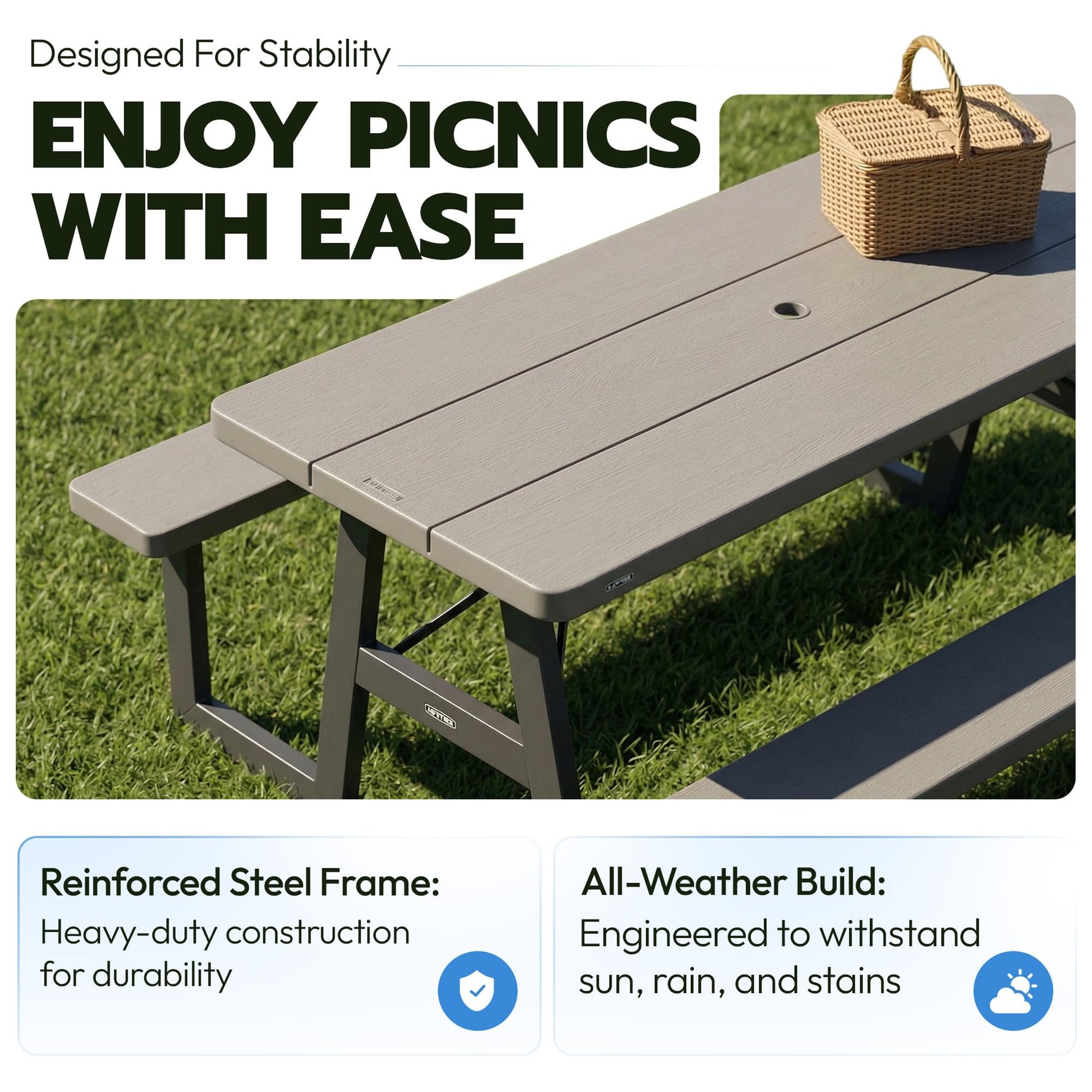 LIFETIME 6-Foot Folding Picnic Table with Benches, Seats 8, Heavy-Duty HDPE Tabletop, Steel Frame, Weather & UV Resistant Outdoor Picnic Table with Umbrella Hole