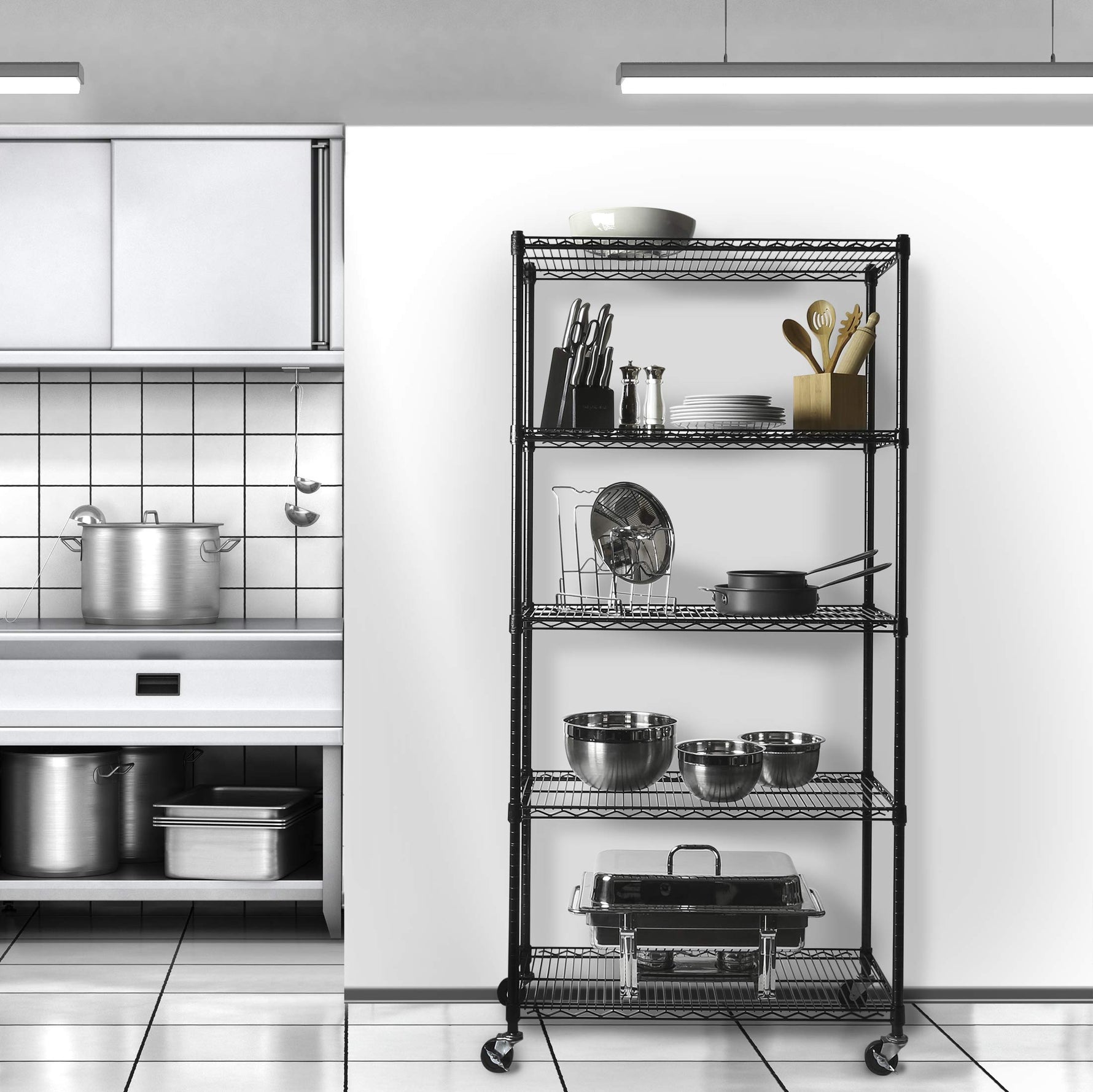 UltraDurable 5-Tier NSF Steel Wire Shelving, 48"W x 24"D x 76"H, Black | Heavy-duty commercial-grade solid steel wire storage rack featuring 800 pounds per shelf weight capacity
