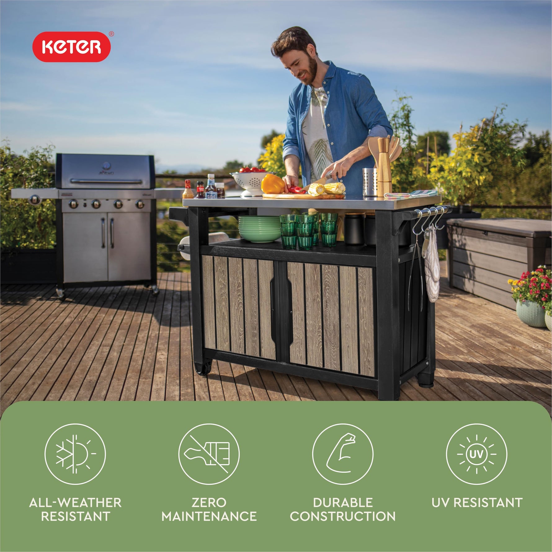 Keter Unity XL Portable Outdoor Table with Stainless Steel Top for Kitchen Prep and Outdoor Storage Cabinet for Grilling Accessories, Dark Grey