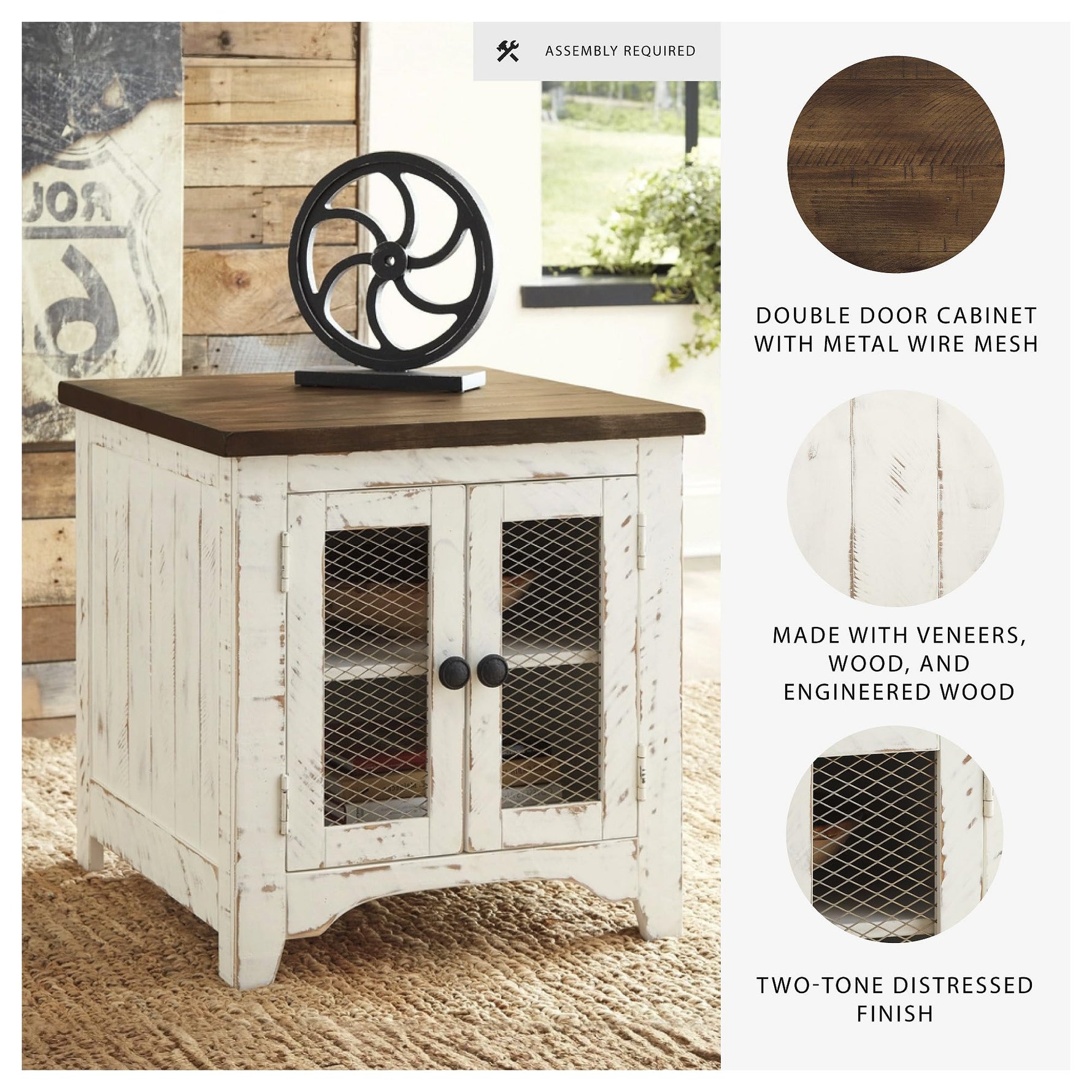 Signature Design by Ashley Wystfield Farmhouse End Table with Storage, Distressed White & Brown Finish