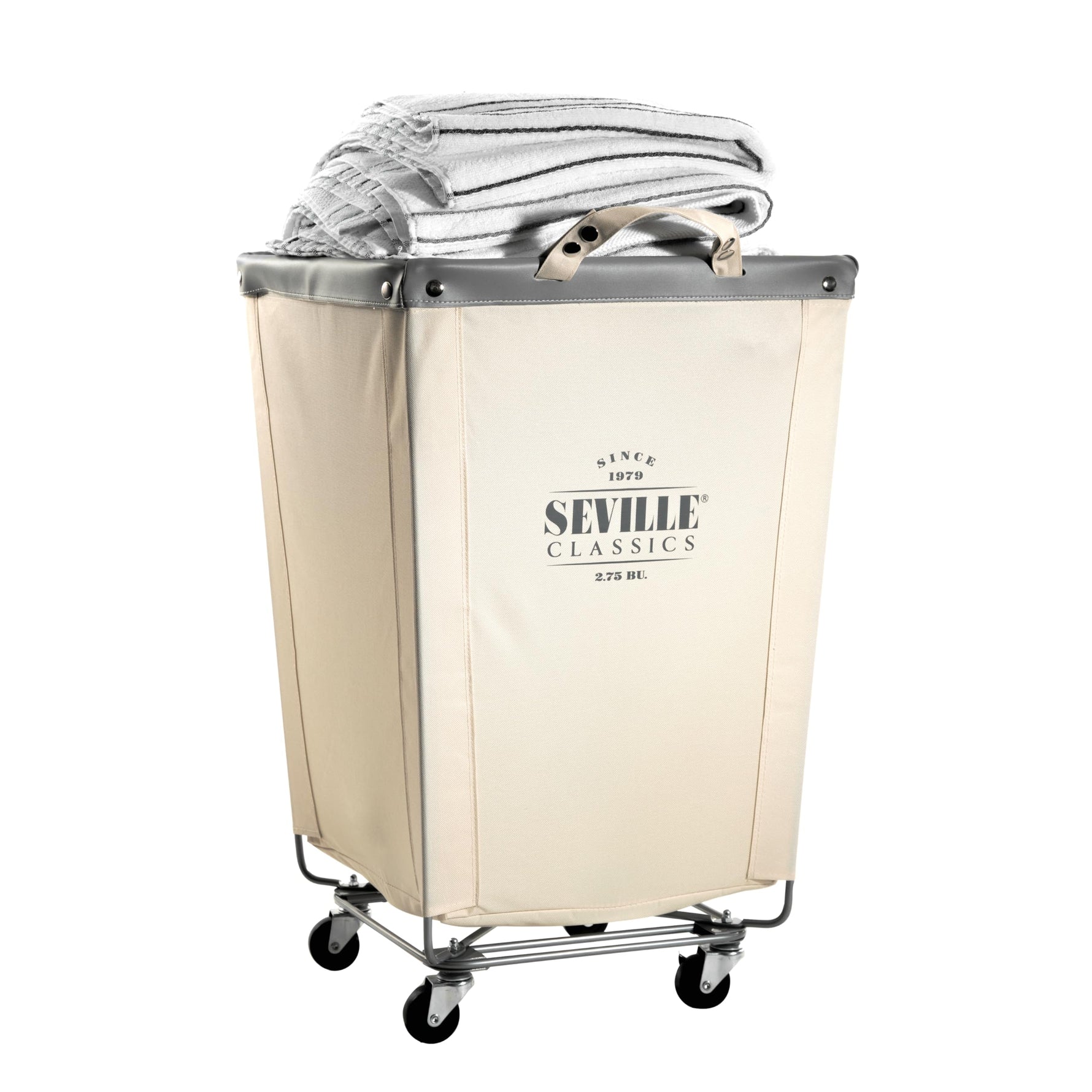 Corner Heavy-Duty Canvas Hamper w/Wheels, 24"W x 17.7"D, Natural White | Space-saving corner design holds 3 to 4 loads of laundry with a durable steel frame, smooth-rolling locking wheels