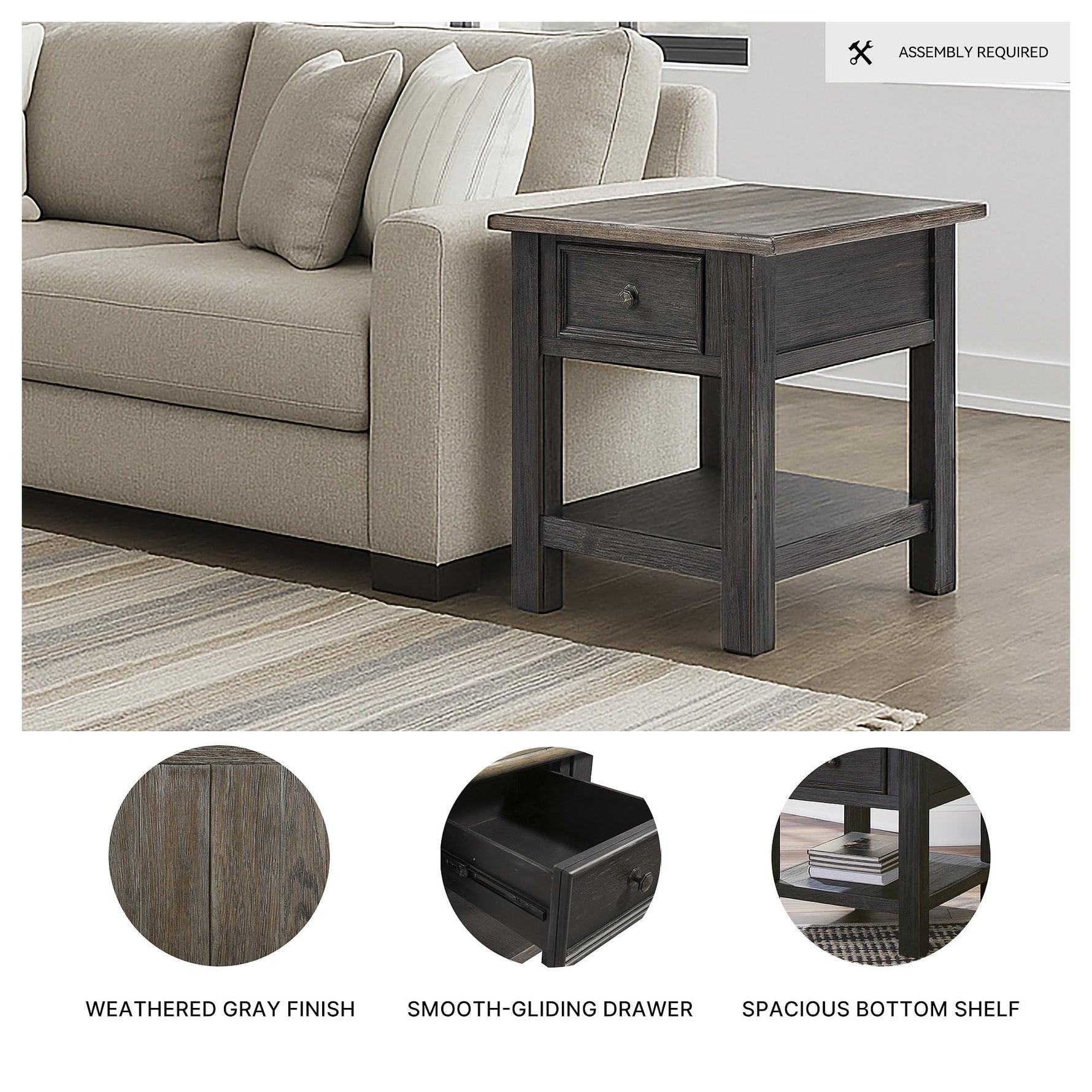 Signature Design by Ashley Bolanburg End Table for Living Room, Two-Tone Distressed Wood Side Table with Smooth-Gliding Drawer, Farmhouse Plank-Style Top, Ideal Night Stand Use, Antique White/Oak