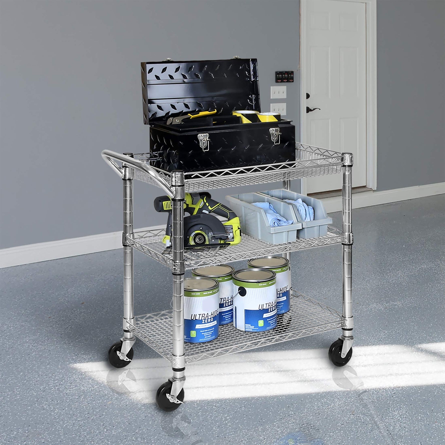 Seville Classics UltraDurable NSF Commercial Heavy Duty Metal Rolling Utility Cart, w/ Steel Shelves, Handle Bar for Restaurant, Garage, Warehouse, Kitchen, Office, Top Shelf (36"W x 18"D)