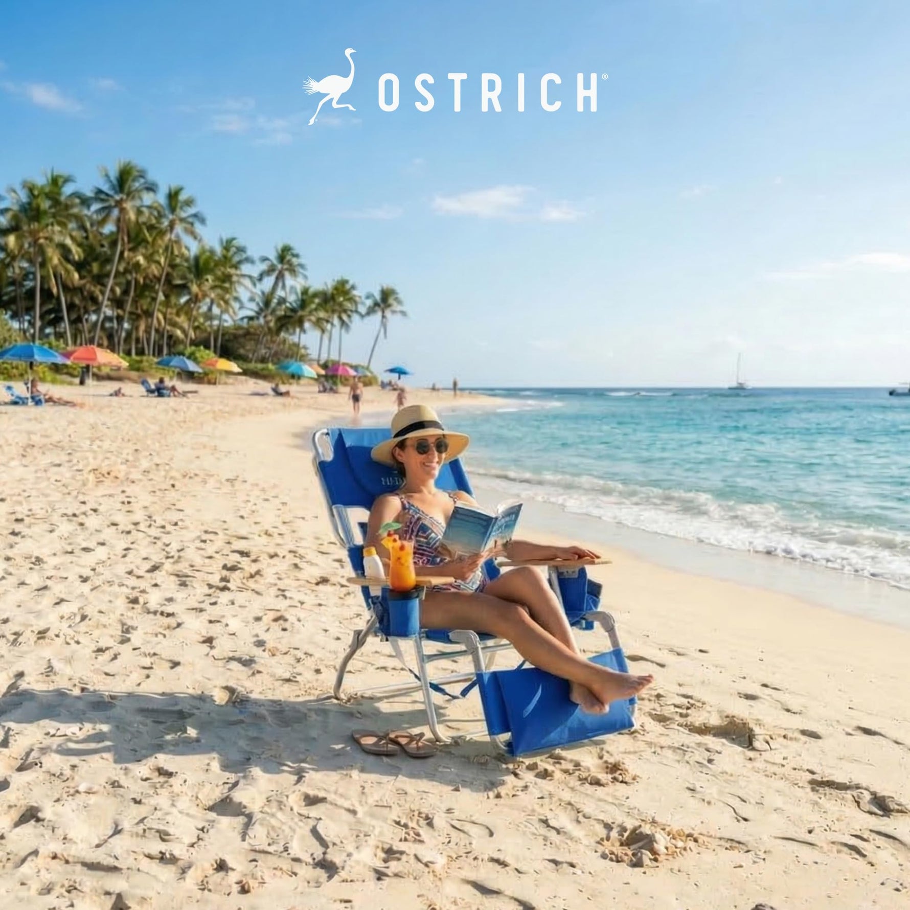 Ostrich the Deluxe 3N1 Lightweight Lawn Beach Reclining Lounge Chair with Footrest, Outdoor Furniture for Patio, Balcony, Backyard, or Porch, Blue