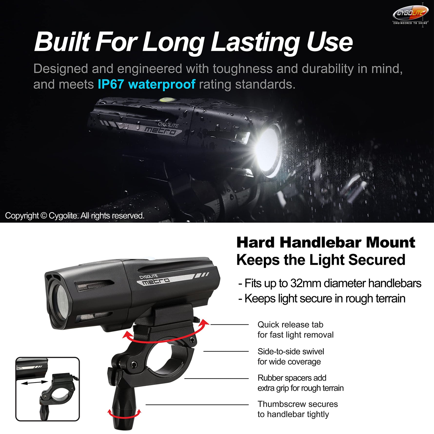 Cygolite Metro 1100 Pro Lumen Bike Light, USB Rechargeable, Secure Hard Mount, Night & Daytime Modes, Compact, Durable, IP67 Waterproof; Road, Mountain, Commuter Bicycles