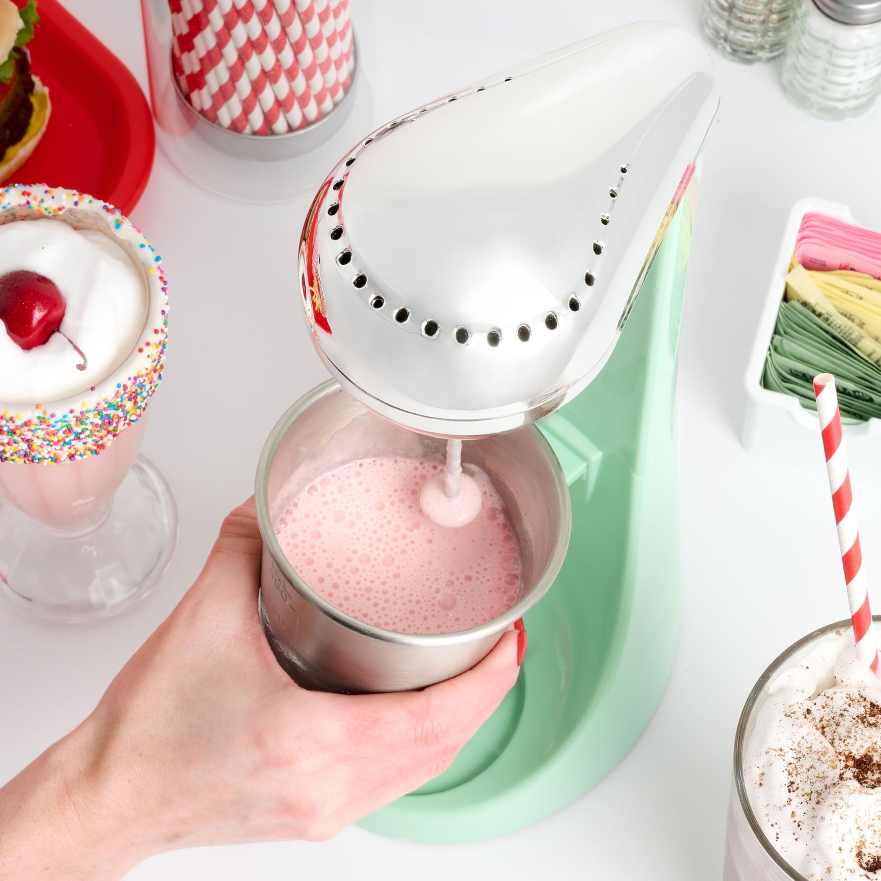 Nostalgia Two-Speed Electric Milkshake Maker and Drink Mixer, Includes 16-Ounce Stainless Steel Mixing Cup & Rod, Jade Green