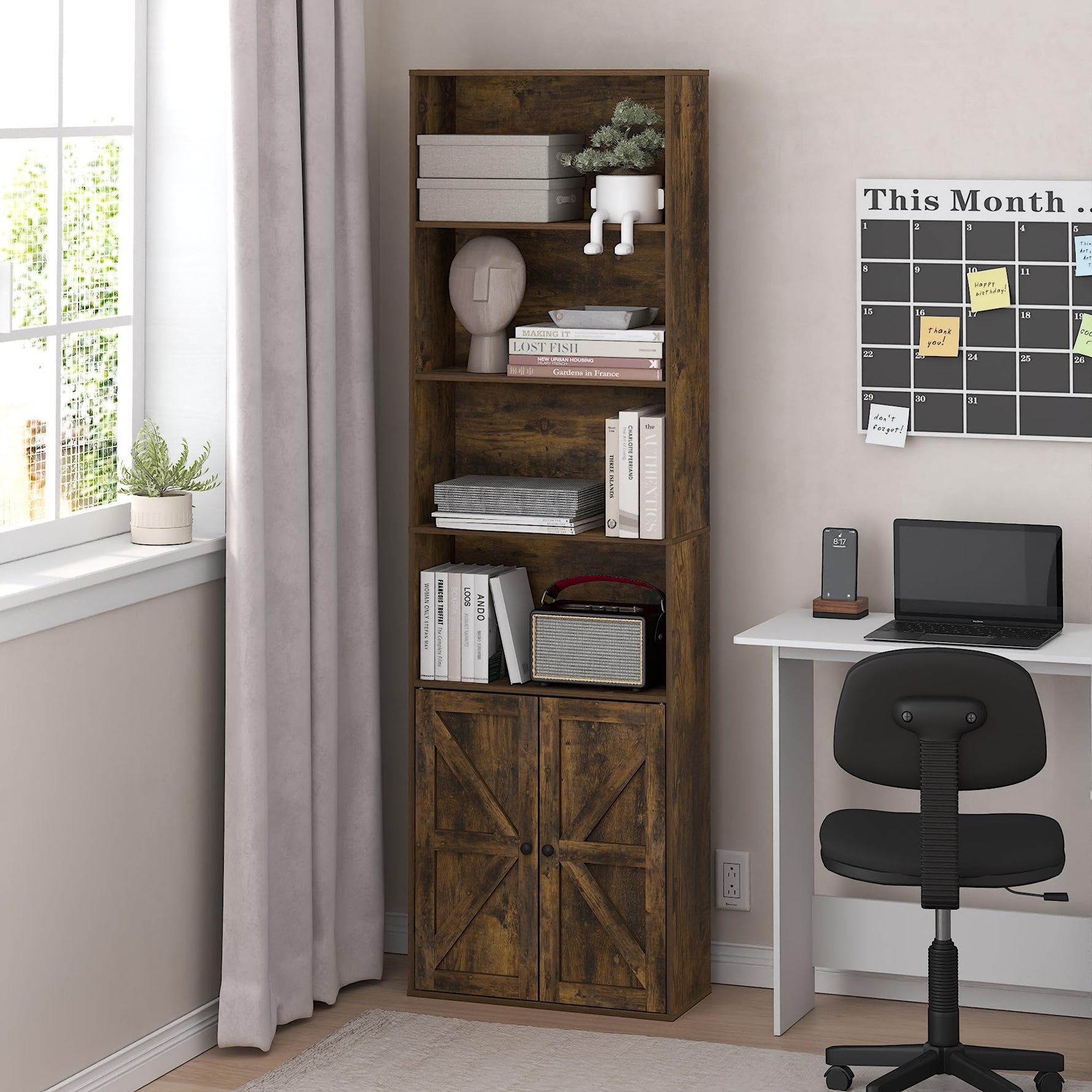 Furinno Jaya Book Shelf, 5-Tier Bookshelf, Bookcase with Adjustable Shelves, 9.5 x 24.5 x 71.2, for Organization and Storage, for Living Room, Bedroom, Home Office, Blackwood