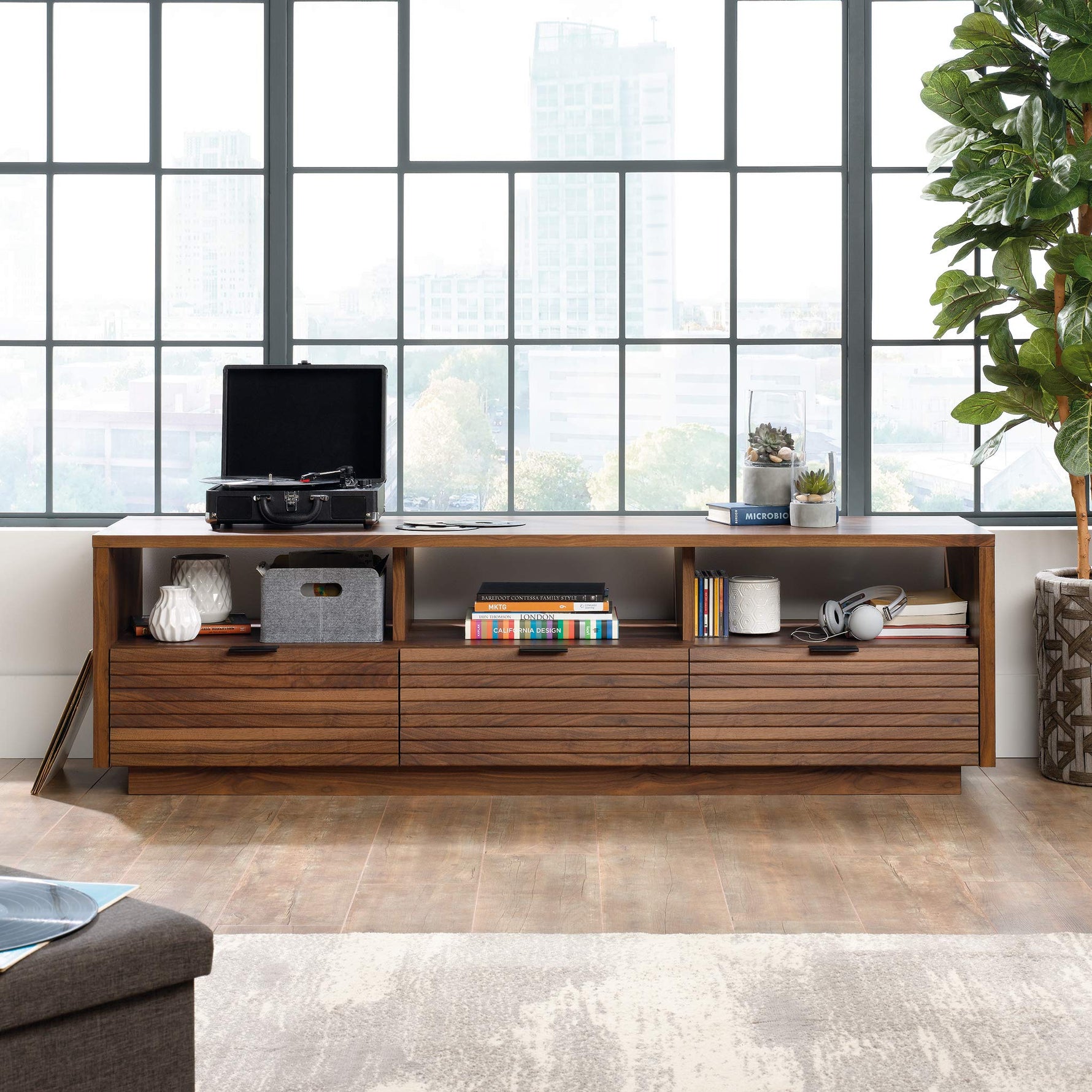 Sauder Harvey Park Modern TV Stand Media Console Credenza with Drawers and Storage Shelves, in Raven Oak