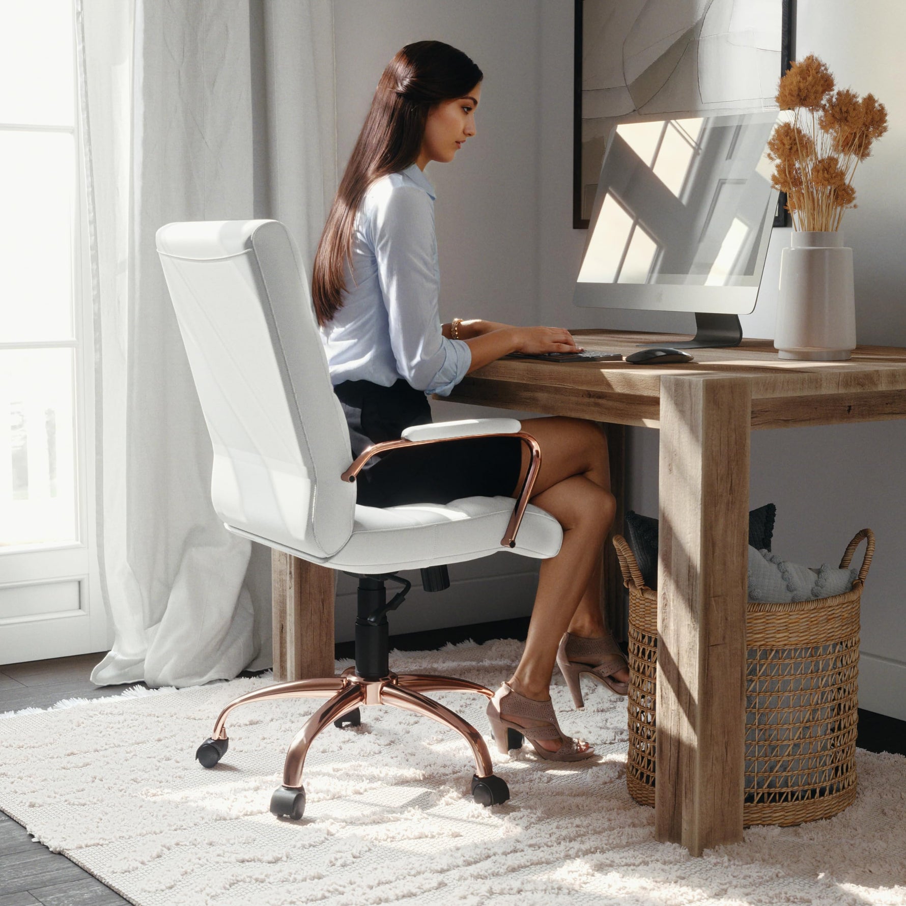 Flash Furniture Whitney Mid-Back Swivel LeatherSoft Desk Chair with Wheels, Padded Seat and Armrests, Adjustable Height Padded Office Chair, Black