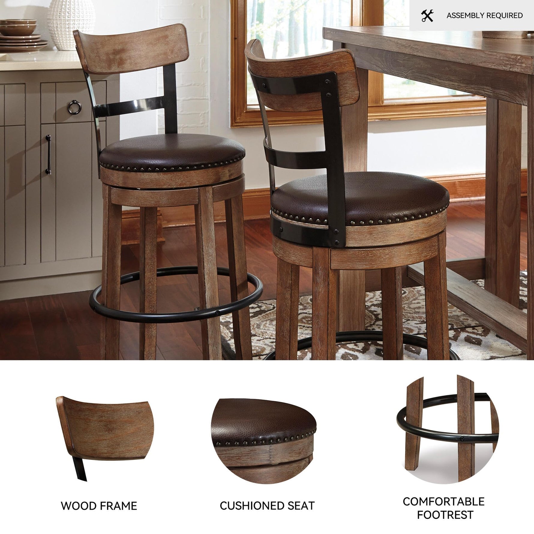 Signature Design by Ashley Valebeck Upholstered Swivel Stool, Cushioned Seat, Woven Fabric Upholstery, Wood, 24" H, Brown & Black