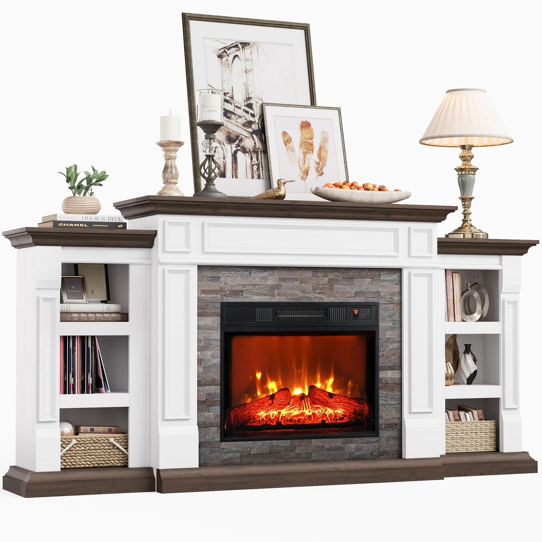 Naice 72" Electric Fireplace with Mantel and Cabinets, Fireplace TV Stand for Living Room Bedroom, Stacked Stone Surround and Remote Control 3D Realistic Flame, Black