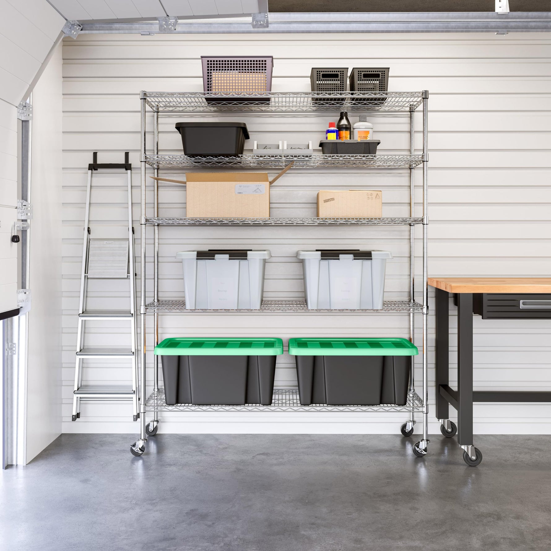 UltraDurable 5-Tier NSF Steel Wire Shelving, 48"W x 24"D x 76"H, Black | Heavy-duty commercial-grade solid steel wire storage rack featuring 800 pounds per shelf weight capacity