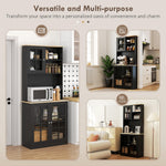 HOMCOM Kitchen Pantry Storage Cabinet, 72" Freestanding Cabinet with Hutch, Large Countertop, Glass Doors and Adjustable Shelves for Dining Room, Black