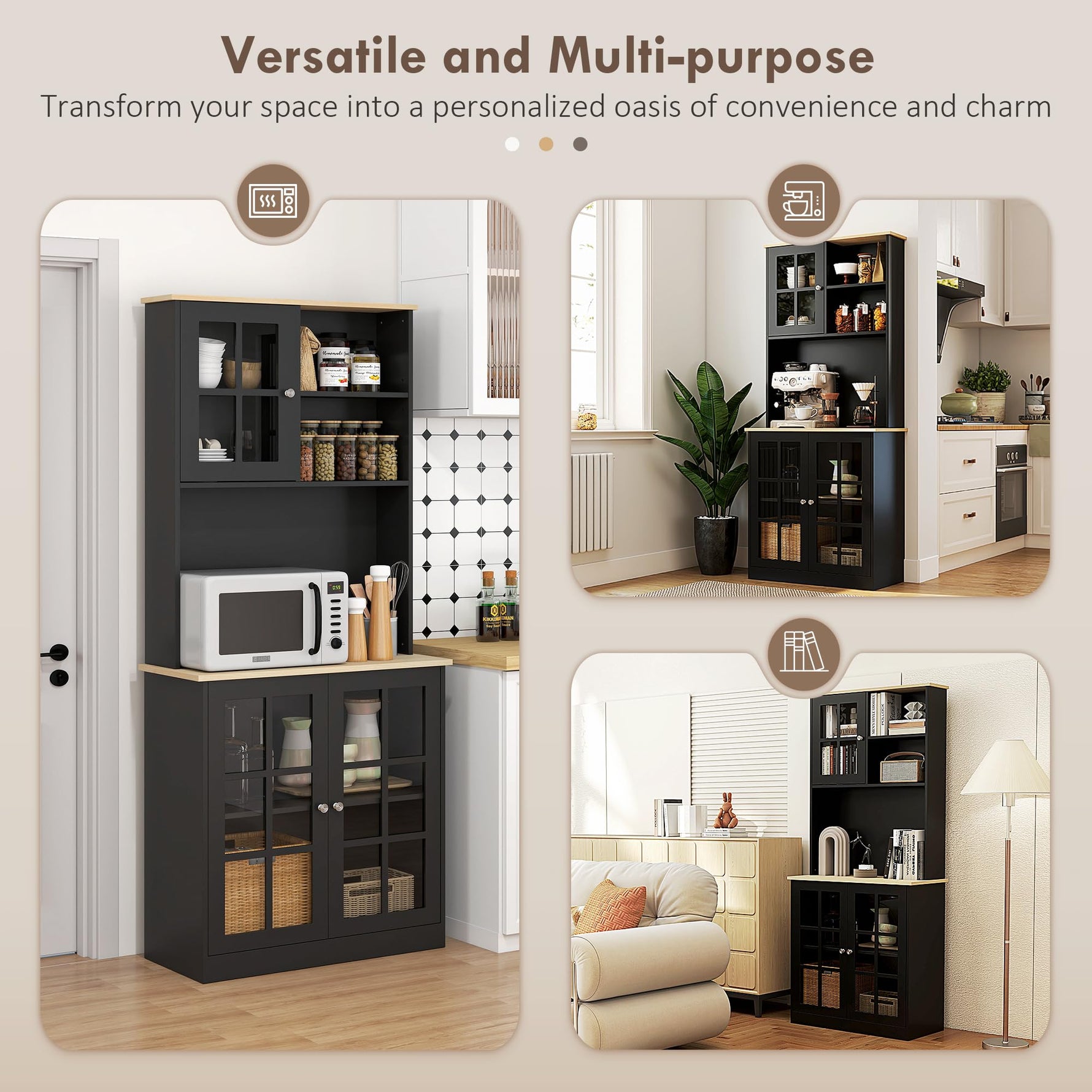 HOMCOM Kitchen Pantry Storage Cabinet, 72" Freestanding Cabinet with Hutch, Large Countertop, Glass Doors and Adjustable Shelves for Dining Room, Black