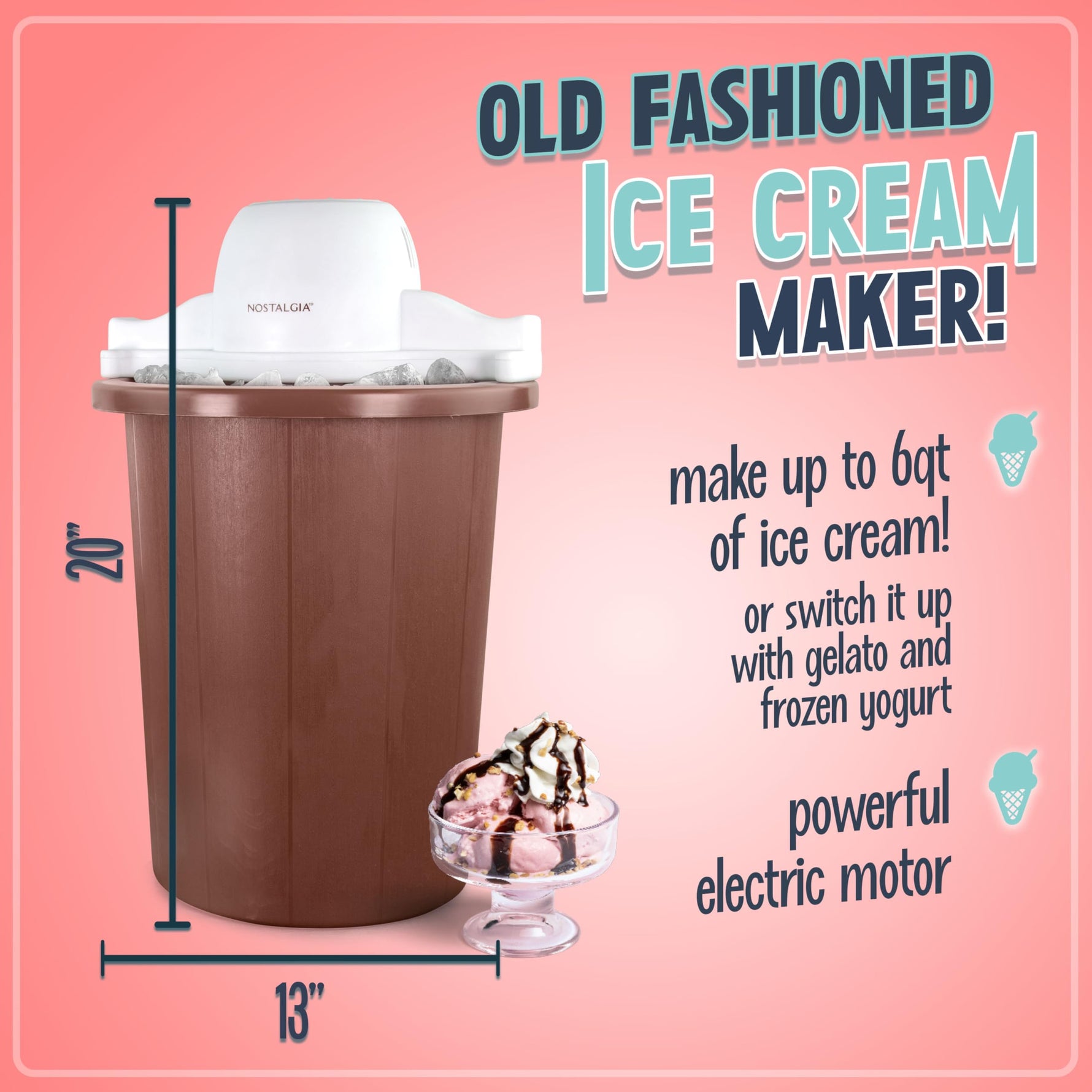 Nostalgia Electric Ice Cream Maker - Old Fashioned Soft Serve Ice Cream Machine Makes Frozen Yogurt or Gelato in Minutes - Fun Kitchen Appliance - Vintage Wooden Style - Dark Wood - 4 Quart